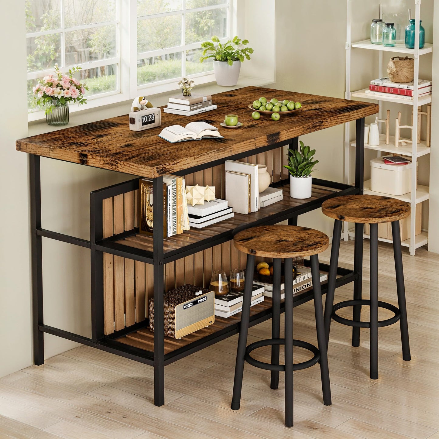 DKLGG Kitchen Island with Seating & Storage, Farmhouse Dining Table Set for 2, Space-Saving 3 Piece Dining Set Table & Chairs Island Table for Kitchen, Apartment, Dining Room, Rustic Brown