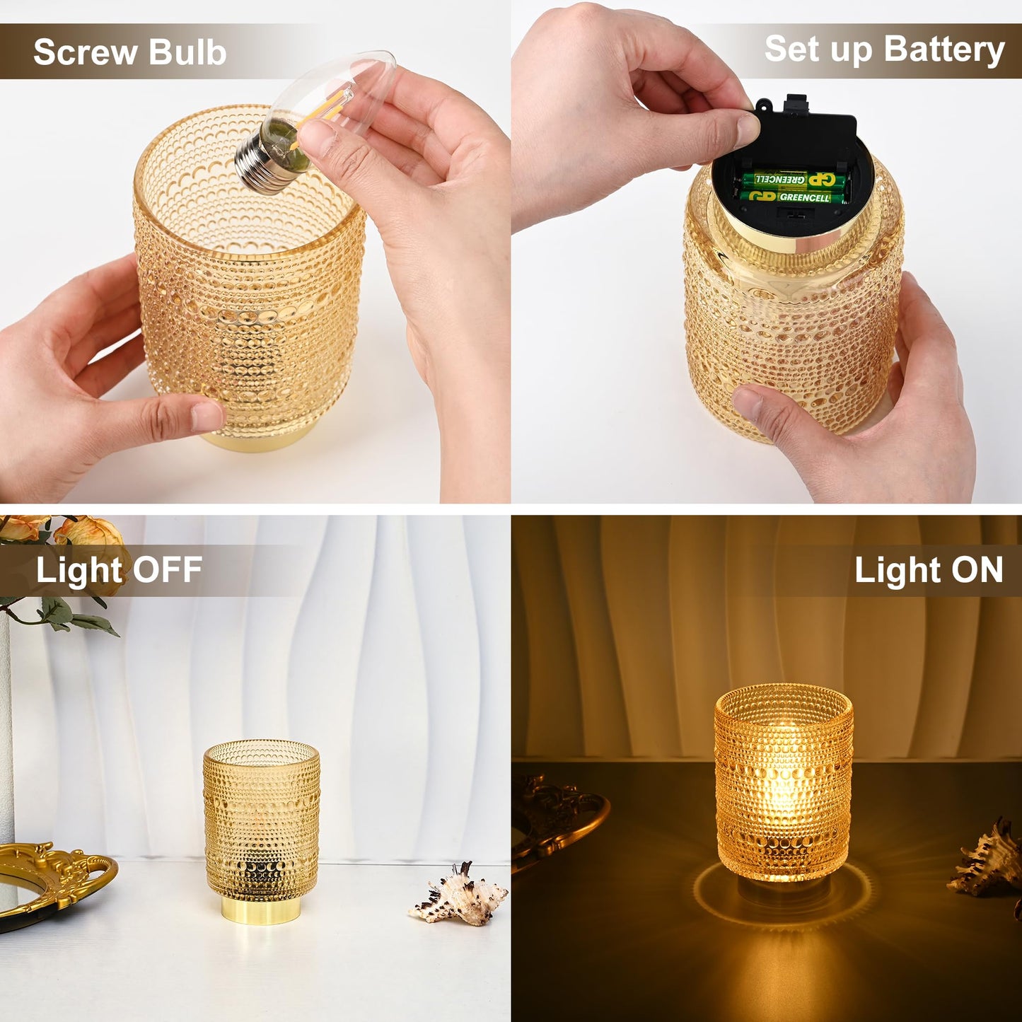MiuBrty Battery Operated Lamp with Auto-Off Timer, Cordless Table Night Light for Bedroom & Entryway, Portable LED Lamp for Home, Outdoor, Camping No Battery Included (Pearl Design-Amber)