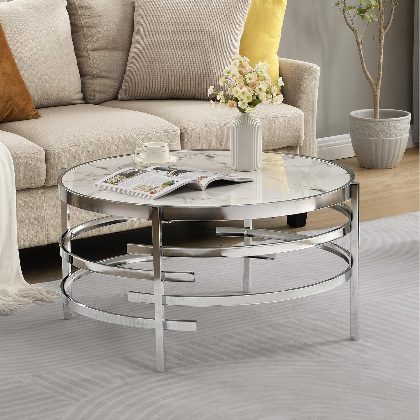 KUVADAZ Sintered Stone Coffee Table with Silver Chrome Metal Base, Round Coffee Table Modern Center Tables Circle Living Room Cocktail Tables for Home Office, White