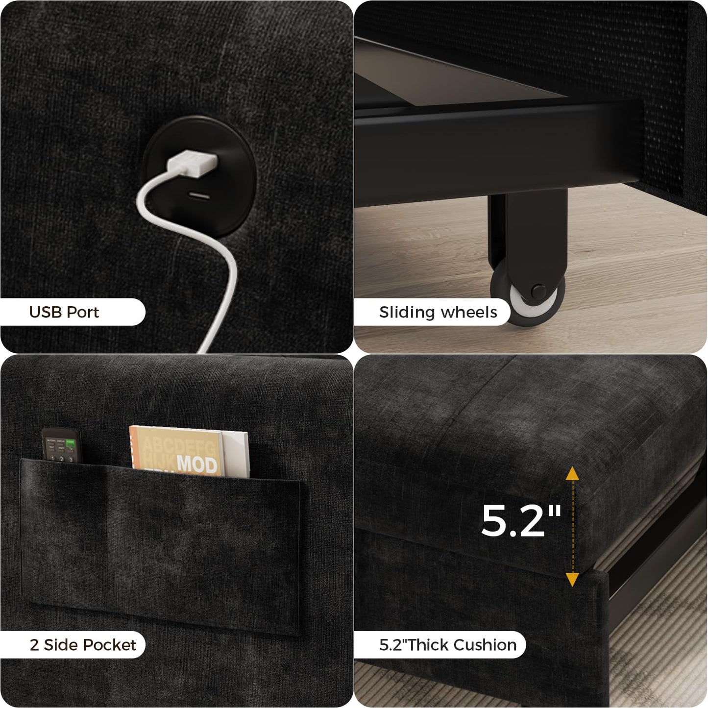 Casaottima Sleeper Chair with Pull Out Bed, Convertible 3-in-1 Lounge Chair with Adjustable Backrest, Chenille Sleeper Sofa for Living Room, Black