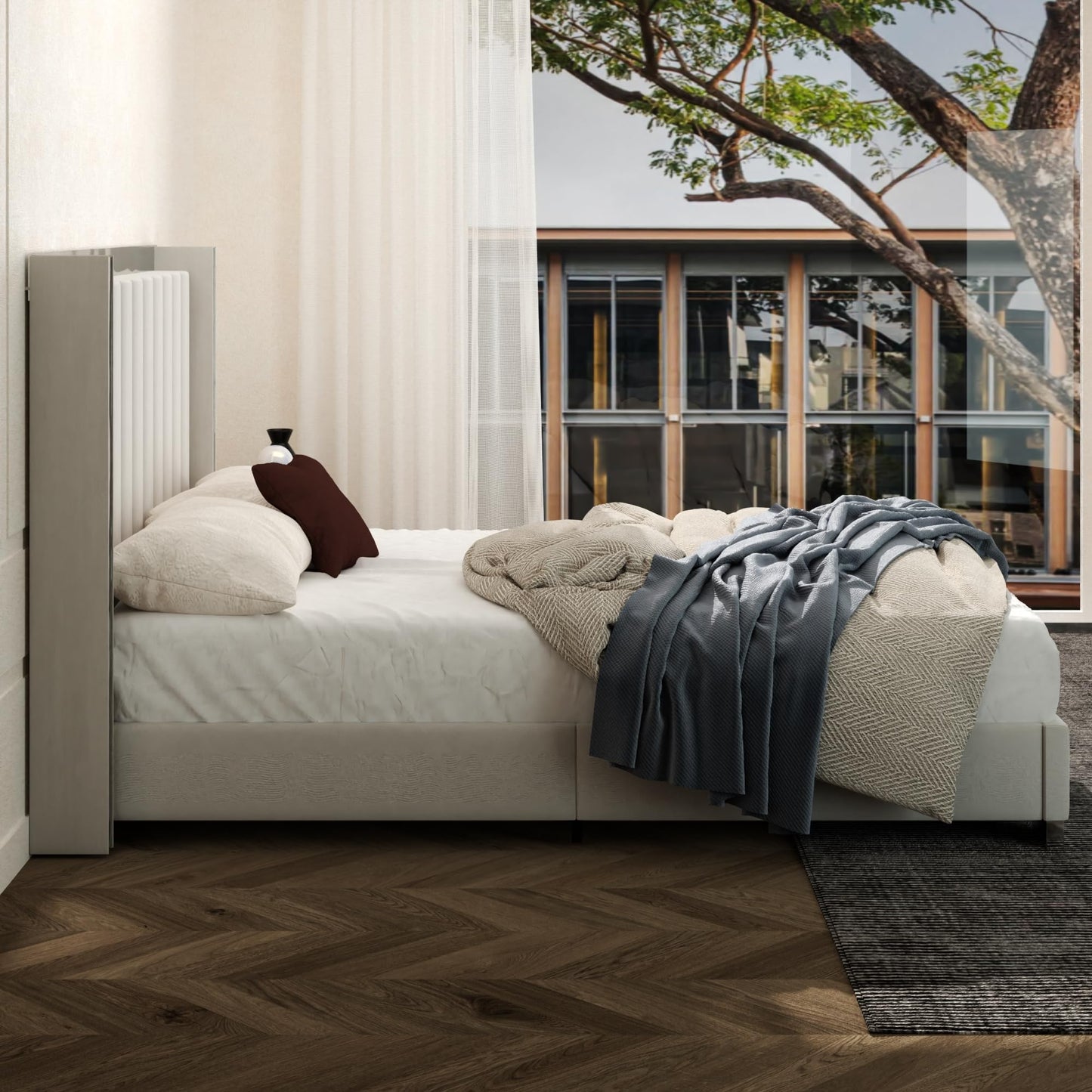 Konprosp Queen Size Bed Frame Velvet Upholstered Platform Bed with 58" Tall Headboard, Channel Tufted Wingback and Plating Trim, Solid Wooden Slats Support, No Box Spring Needed, Beige