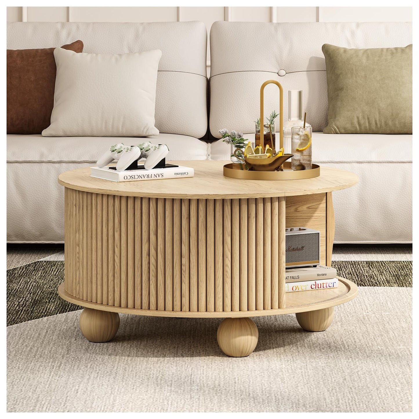 JOINICE, Round Coffee Table with Storage, 31.5" Mid-Century Modern Center Table with Sliding Door, Fluted Lift Up Coffee Table with Bun Feet, Wood Coffee Tables for Living Room, Home Small Space, Oak