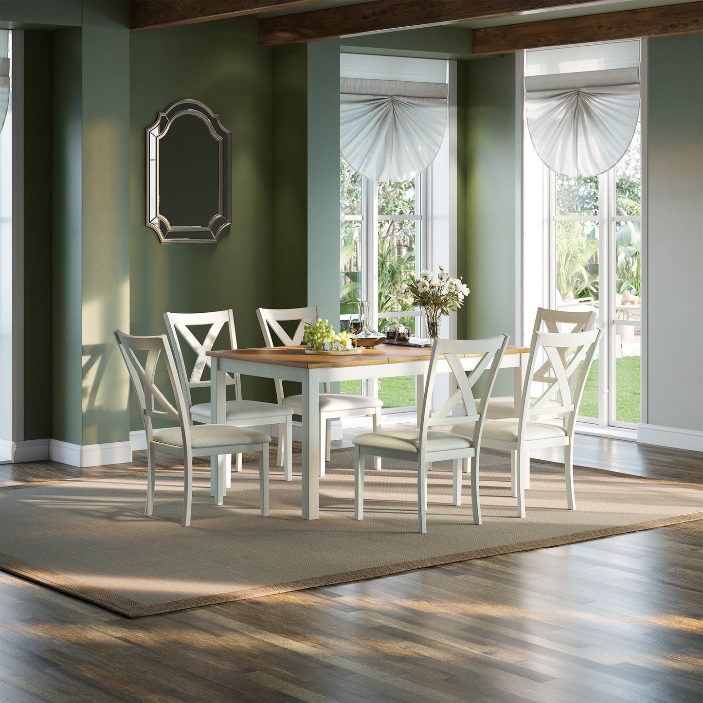 AMERLIFE 7-Piece Farmhouse Solid Wood Dining Table Set with 6 Upholstered Chairs, 60" Space Saving Dinner Table & Chairs Set, for Dining Room, Kitchen, Restaurant, Brown & White