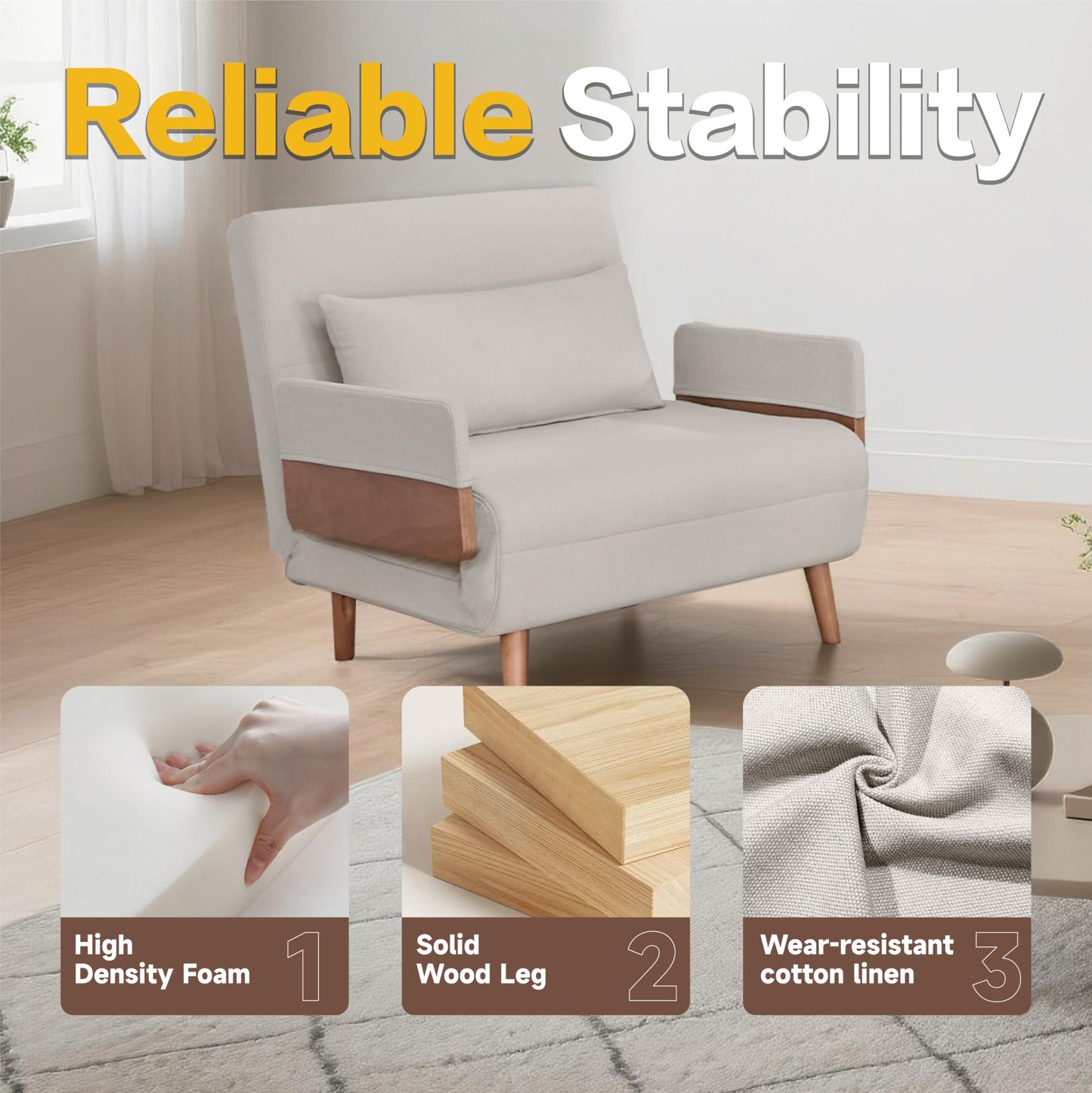CITTANEO Convertible Sleeper Chair, 3-in-1 Chair Bed Sleeper for Adults with 3-Position Adjustable Backrest, Pillow and Wooden Arms, Folding Sofa Bed for Apartment, Dorm, Office, Beige
