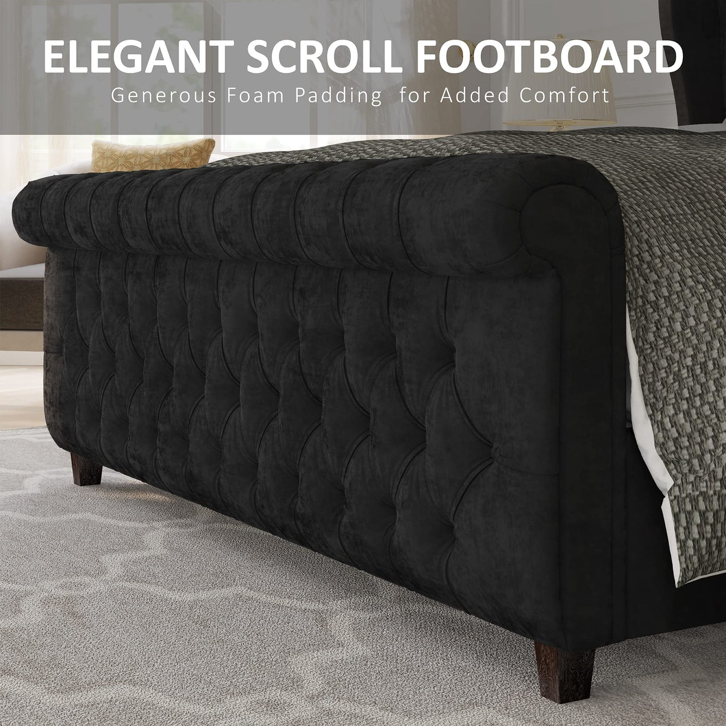AMERLIFE King Size Platform Bed Frame, Velvet Upholstered Sleigh Bed with Scroll Wingback Headboard & Footboard/Button Tufted/No Box Spring Required/Easy Assembly/Black