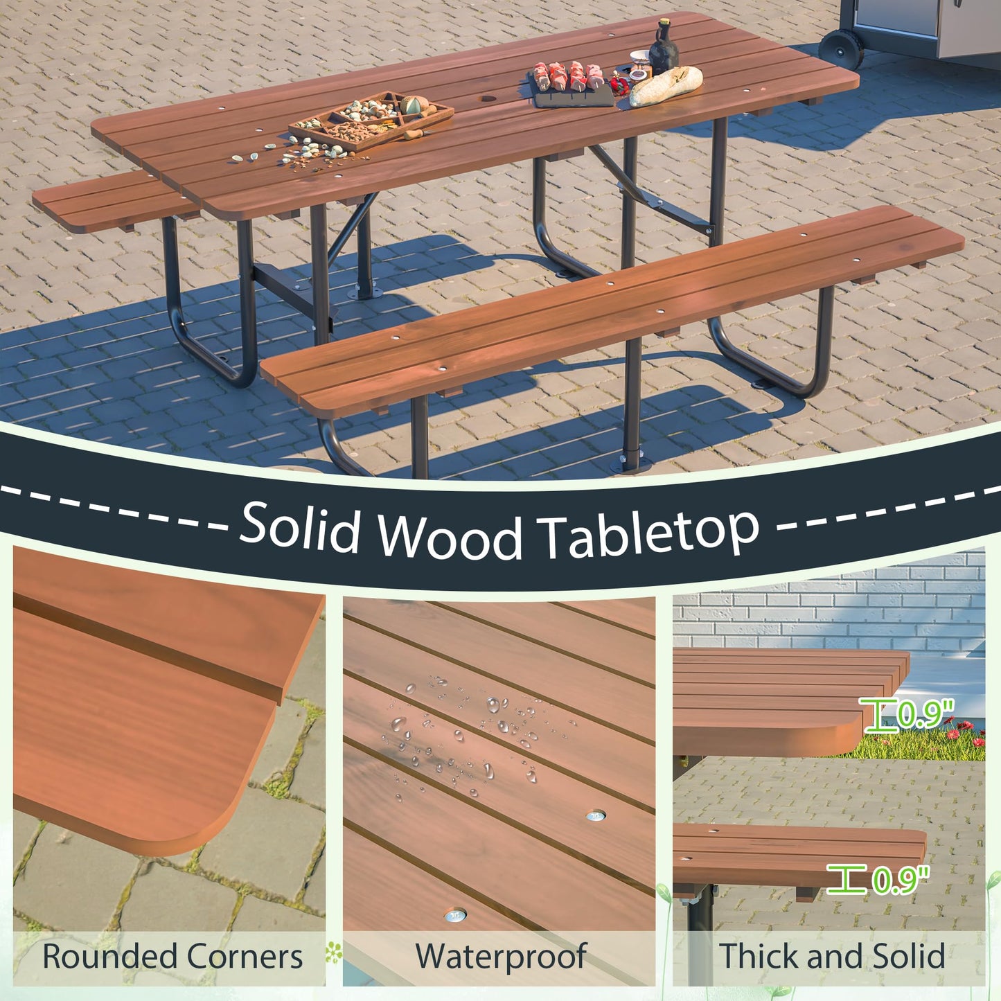 DOPERFE 72" Wooden Picnic Table, Picnic Table with Benches, Steel Frame with Umbrella Hole 1.97" for Patio Party Barbecue Party (Brown + Black, 72")