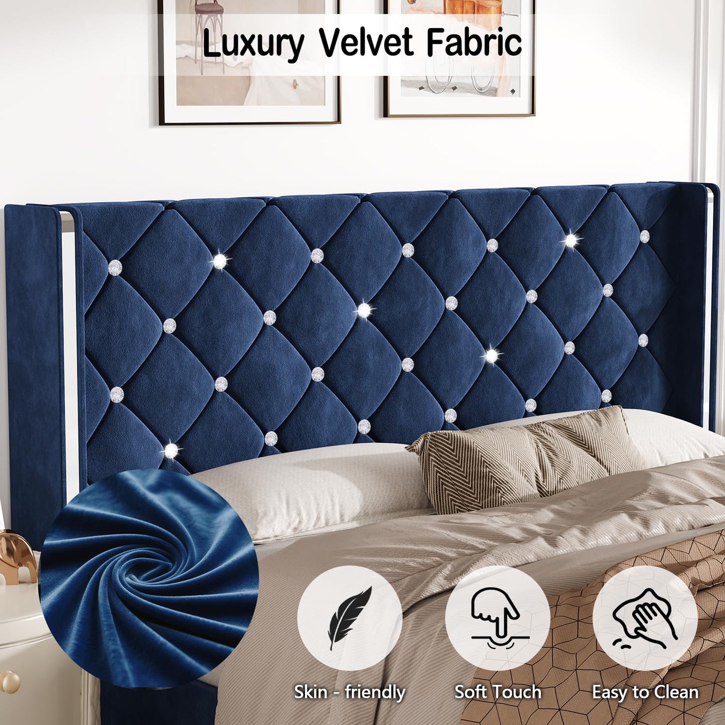 HOMBCK King Bed Frame with Headboard, Velvet Upholstered Bed with Diamond Tufted Design Design, Modern King Size Bed with Wingback, No Box Spring Needed, Easy Assembly, Blue