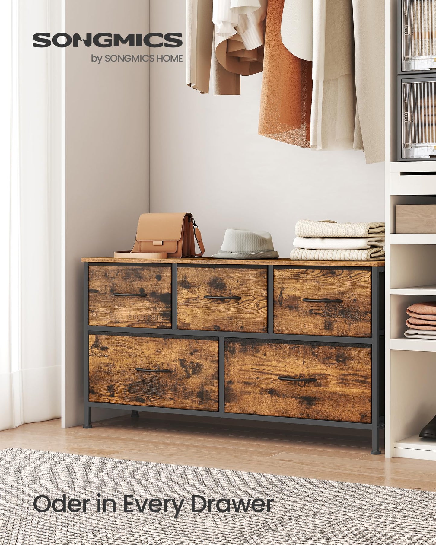 SONGMICS Dresser for Bedroom, Chest of Drawers, TV Stand, Steel, MDF, 5 Non-Woven Fabric Drawers, Storage Organizer Unit, Closet, Entryway, Rustic Brown and Ink Black ULGS322B02S