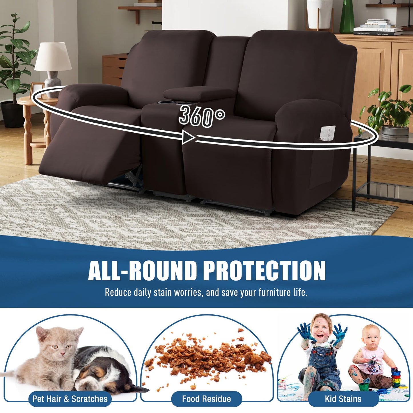 TAOCOCO Reclining Loveseat with Middle Console Slipcover, 4 Piece Polyester Fabric Stretch Loveseat Reclining Sofa Covers (Coffee, 2 Seat Recliner Cover with Console)