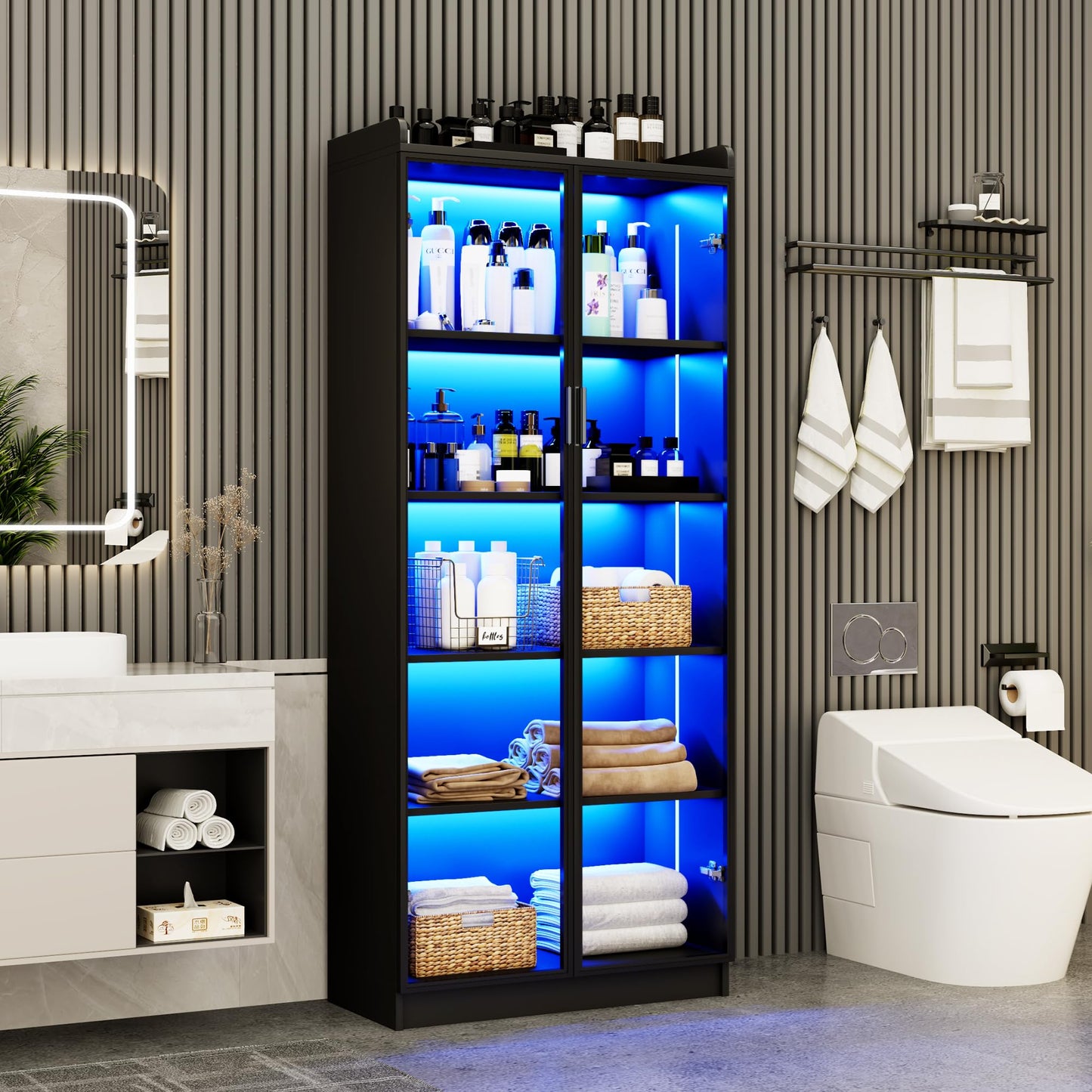 Display Cabinet with Doors and Adjustable Shelves, 65" Tall Bookcase with LED Lights/Human Sensor, 5 Tier Display Case for Collectibles Bedroom Living Room Office, Black