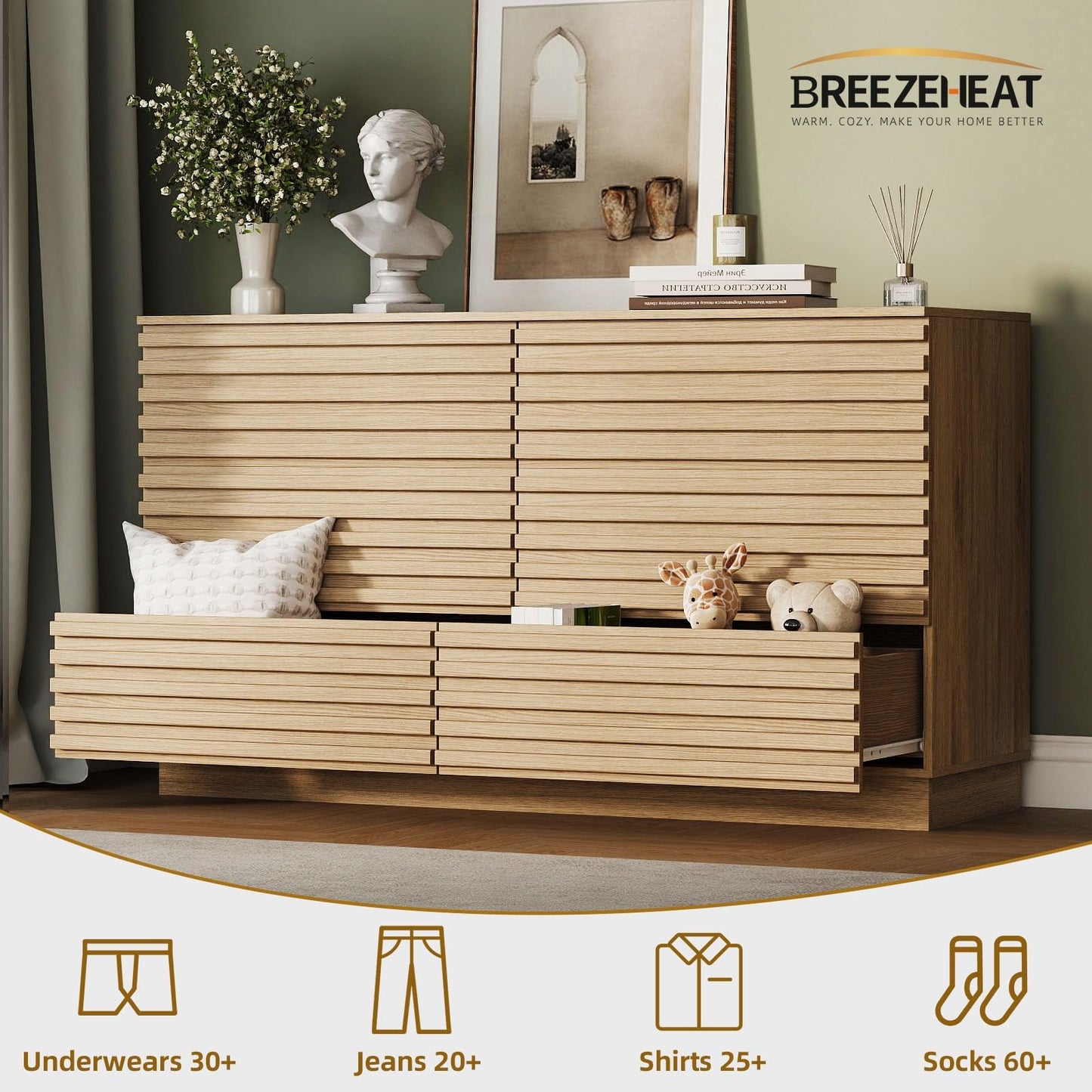 BREEZEHEAT Fluted Dresser for Bedroom–6 Drawer Wide Chest of Drawers, Modern Wood Farmhouse Dresser TV Stand, Closet Storage Cabinet for Living Room, Hallway, Natural Oak Finish, 47” Wide