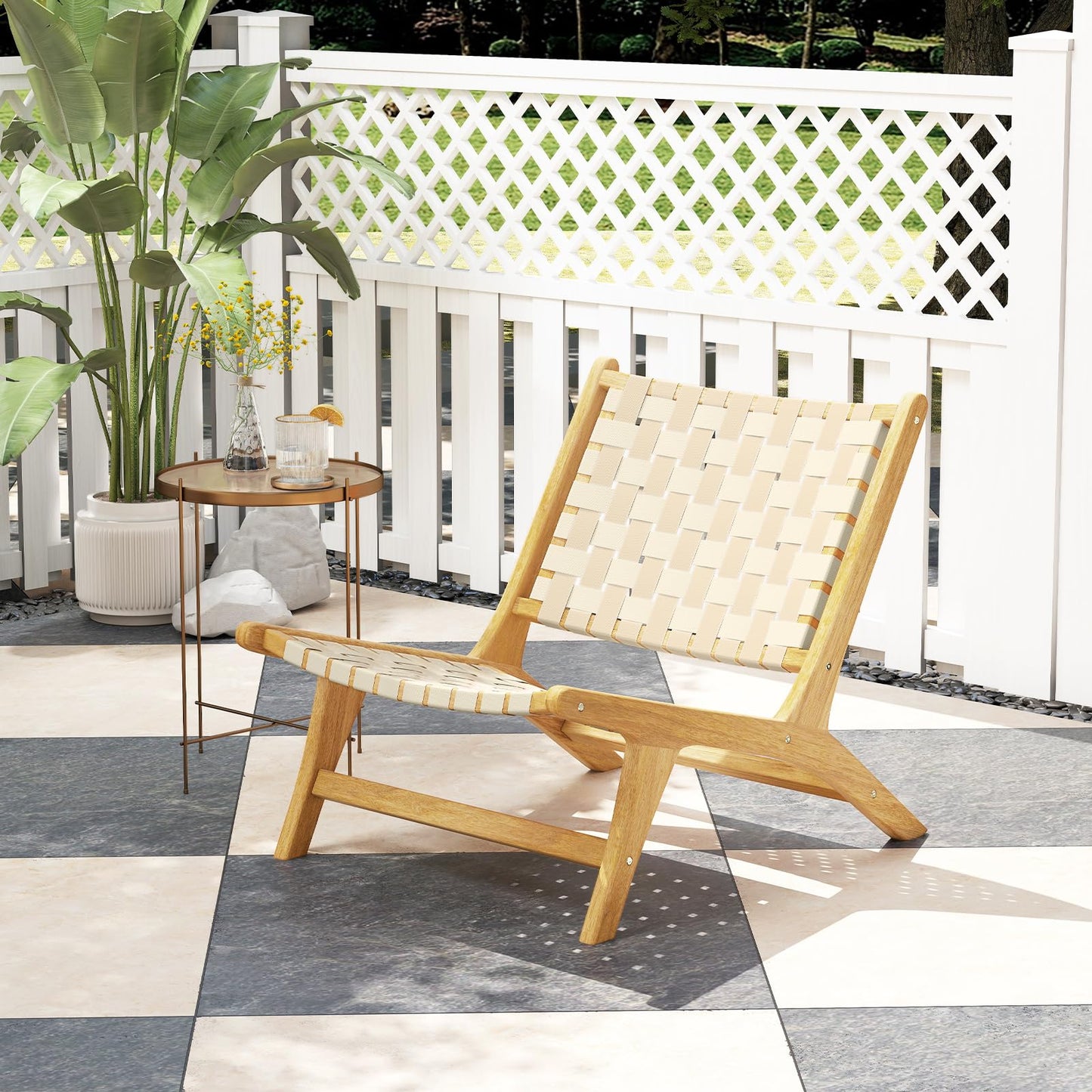 Tangkula Teak Wood Patio Dining Chair, Outdoor Wooden Mid-Century Accent Armless Chair w/Webbing Seat & Backrest, for Living Room, Balcony, Porch, Backyard, Lawn, Poolside, Garden, Deck (Natrual,2)