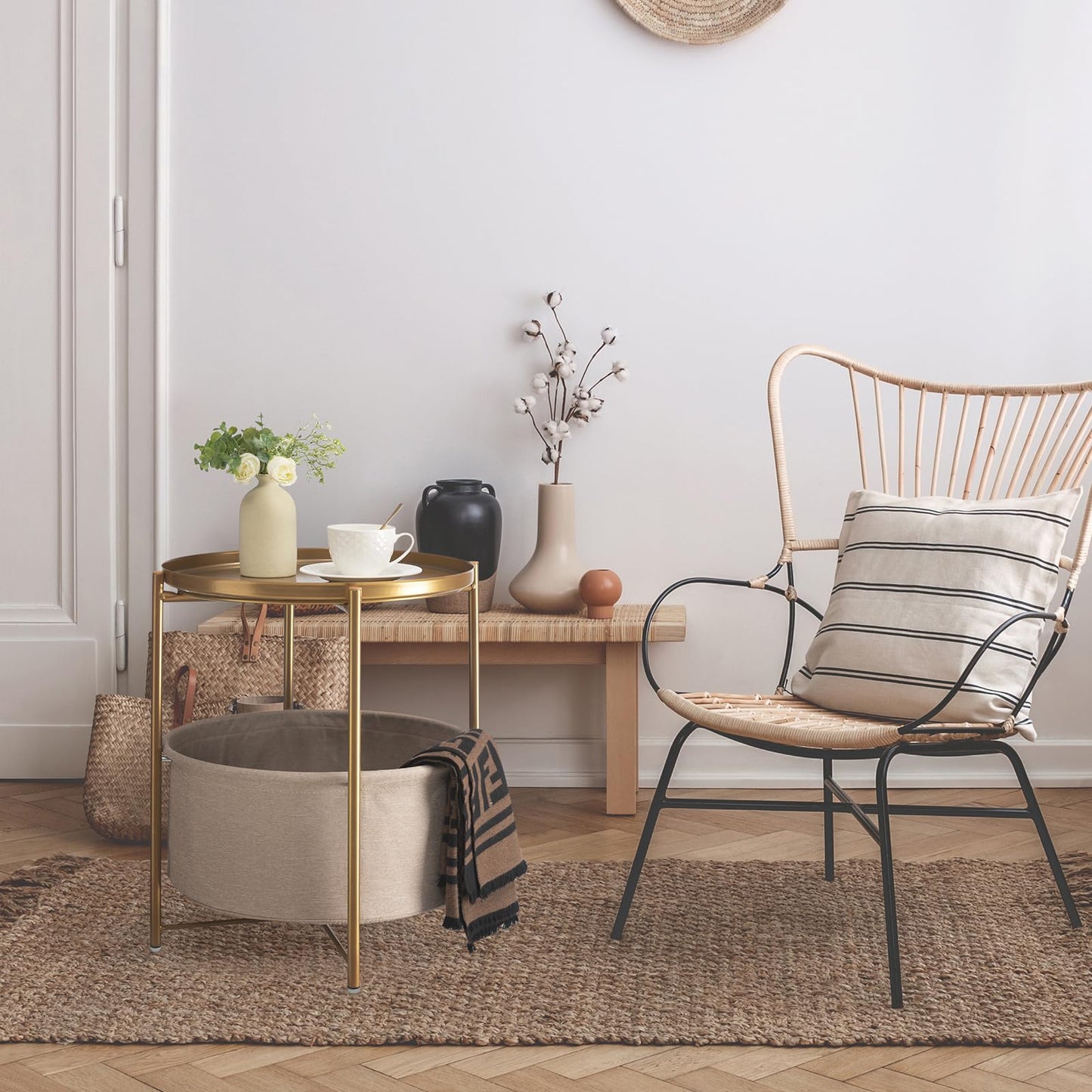 danpinera Round Side Table with Fabric Storage Basket, Metal Side Small Bedside Table Nightstand with Removable Tray Top for Living Room, Bedroom, Nursery, Laundry, Gold