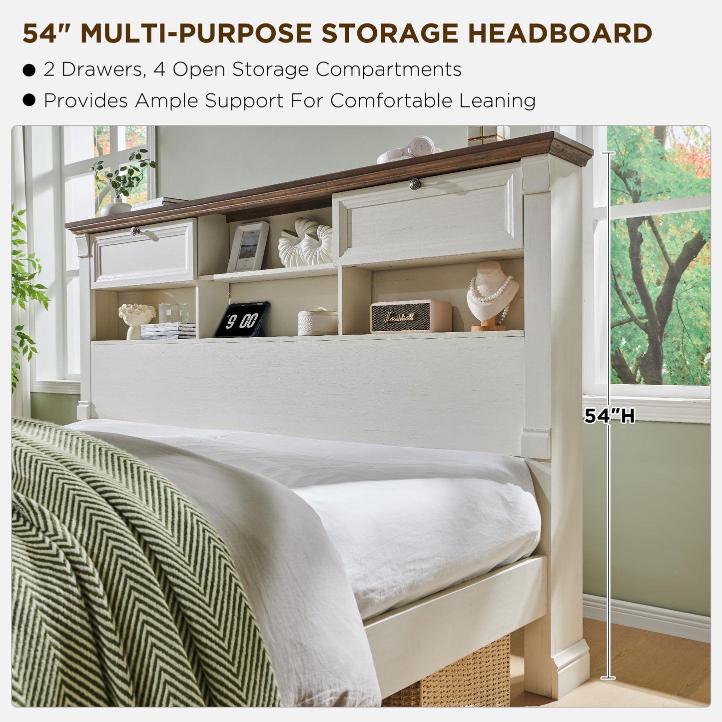 Farmhouse King Size Bed Frame with 54" Tall Headboard, Wood Platform Bed Frame with 18" Tall Roman Column Decoration Footboard & 2 Large Storage Drawers, No Box Spring Needed(Antique White)