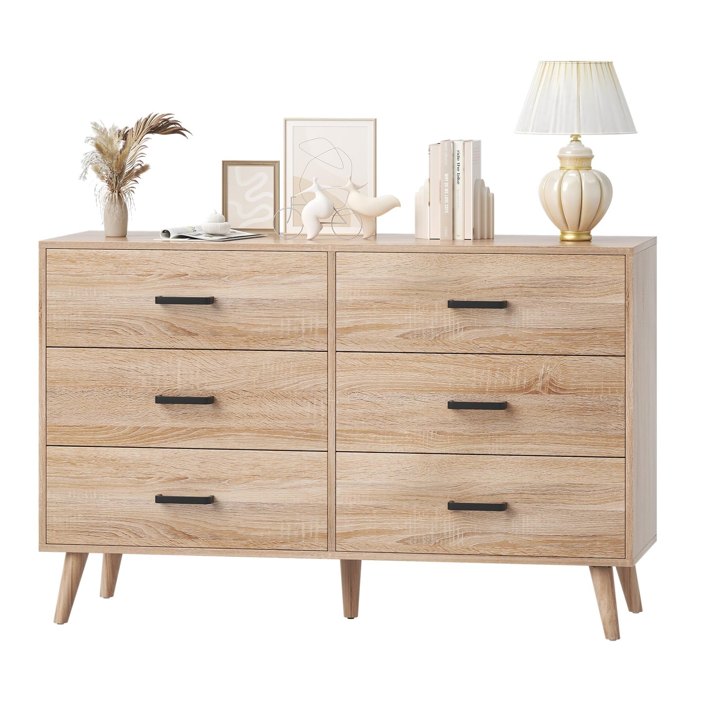 Bigbiglife Wood Dresser for Bedroom, 6 Drawer Dresser with Metal Handles, Mid Century Modern Dresser Double Chest of Drawer (Light Oak)