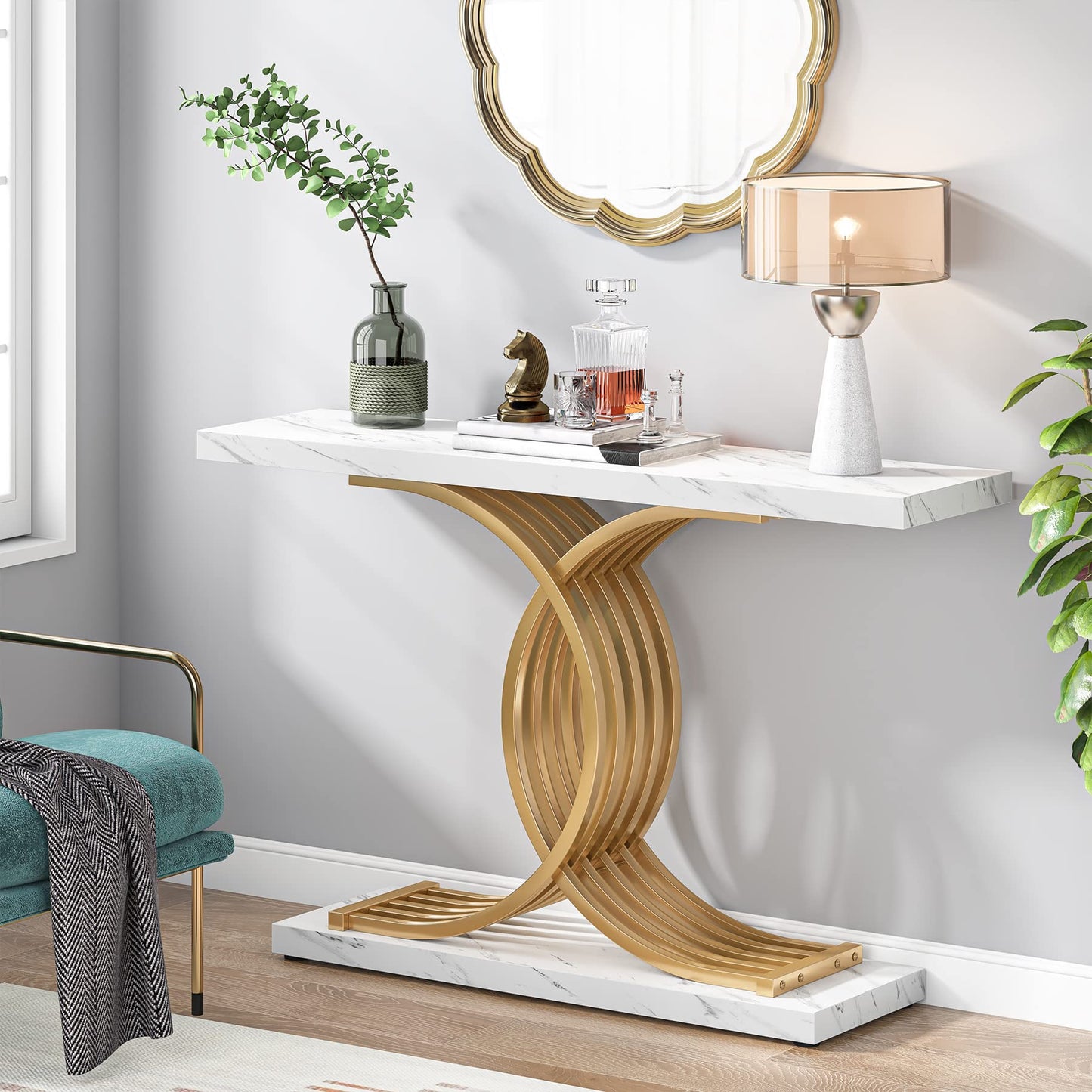 Gold Entryway Table, Modern 39" Console Table with Geometric Metal Legs, Faux Marble Narrow Wooden Sofa Table, Foyer Hallway Tabl for Entrance, Living Room (Gold & White)