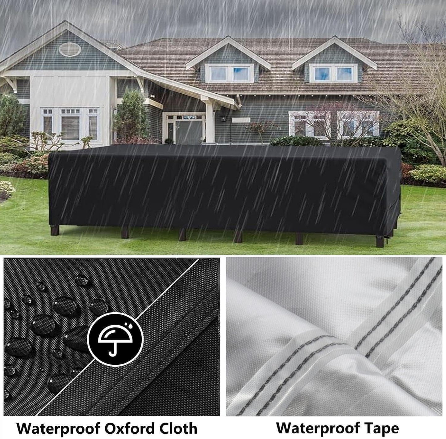 Patio Furniture Covers Outdoor Table Cover Waterproof Rectangular 420D Garden Dining Table Cover Wind Dust Proof Anti-UV Patio Sectional Couch Cover Table and Chair Set Covers 90"Lx65"Wx28"H Black
