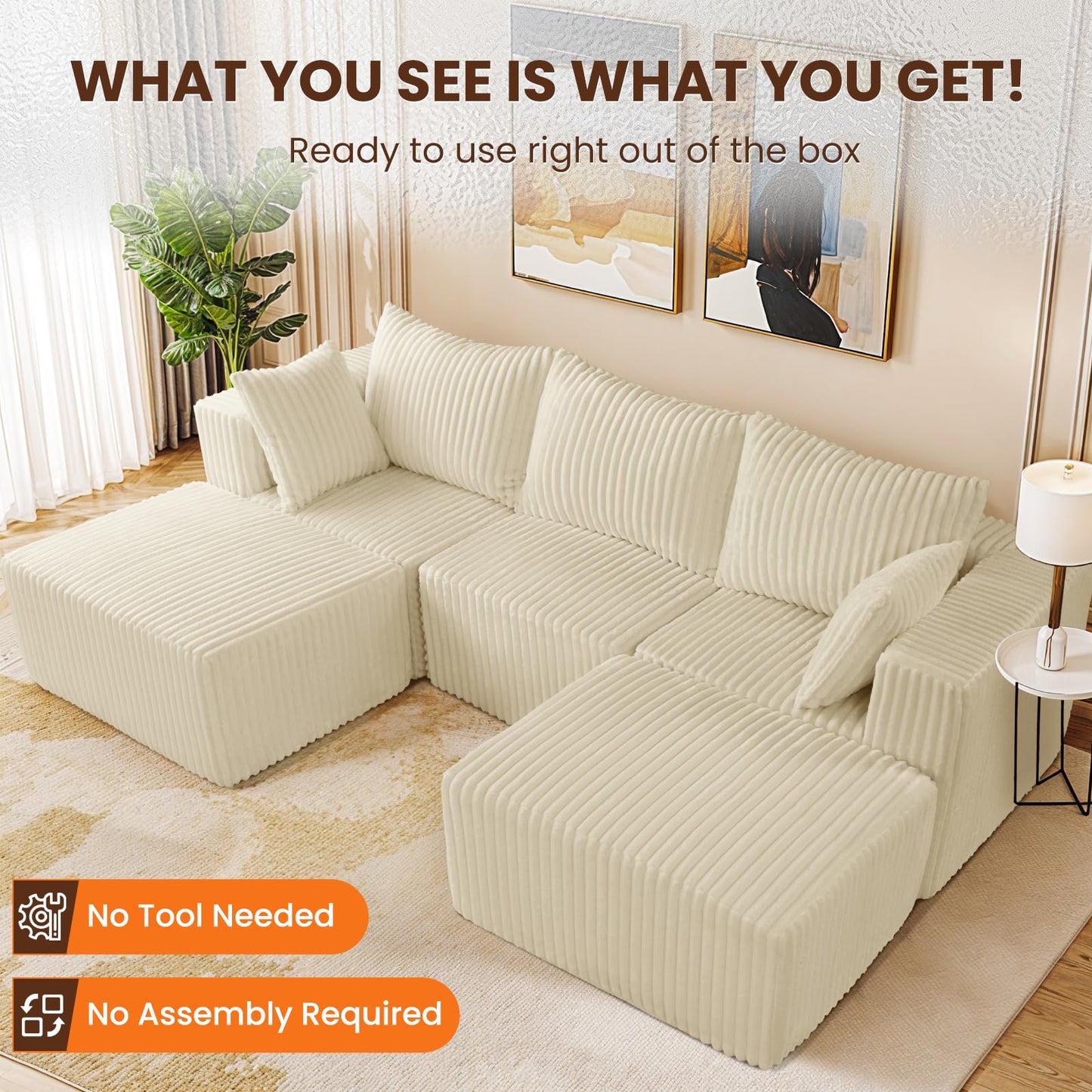 Neioml Modular Sectional Sofa, Cloud Comfort Couch,Extra-Wide Deep Seats No Assembly, Minimalist Modern Sleeper Sofas for Living Room, Apartment, Soft Plush Corduroy Fabric (Beige, U-Shaped 3+2)