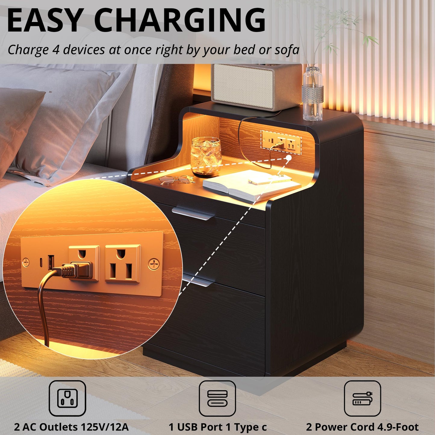 LIKIMIO Nightstand with Charging Station and LED Lights, Night Stand with Pull-Out Shelf, Morden End Table with 2 Drawers, Bedside Table for Bedroom, Black