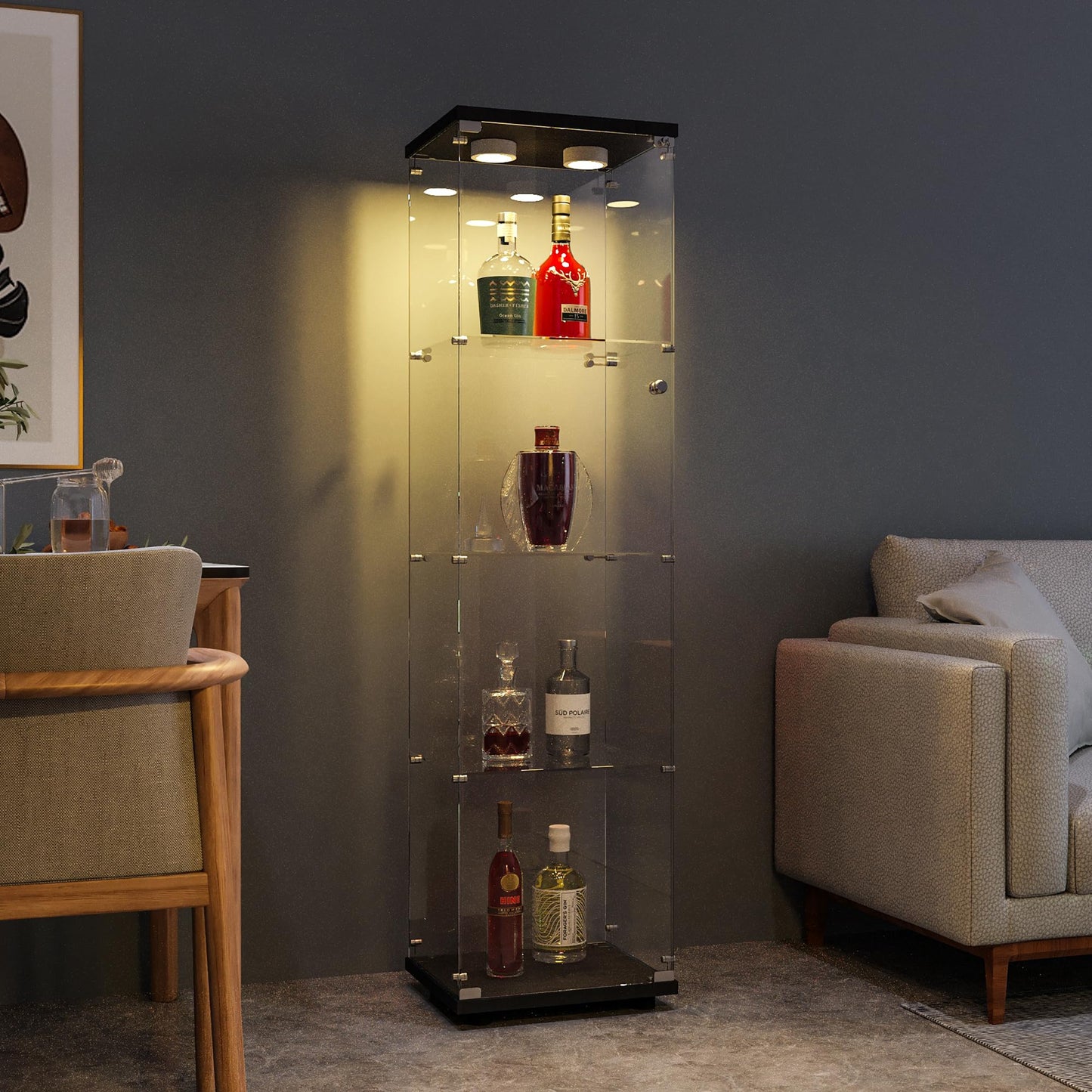 FANYUSHOW Display Cabinet with Glass Door and LED Light, 4-Tier Tempered Glass Display Shelf, Glass Curio Cabinet Collection Display Case, Black 64.7" H x 16.7" L x 14" W