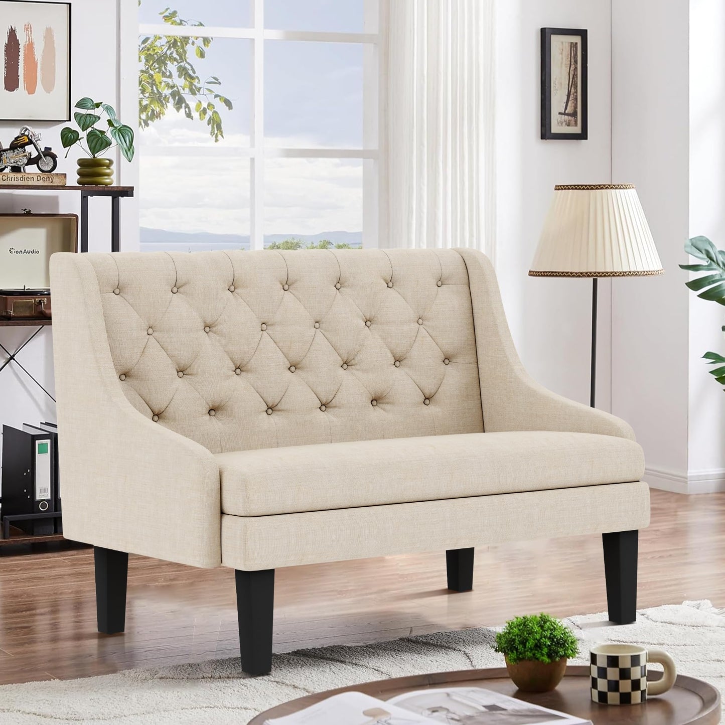 Yongqiang Settee Bench with Back Mini Couch for Dining Room Living Room Entryway Modern Upholstered Banquette Button Tufted Loveseat Sofa with Wood Legs Cream