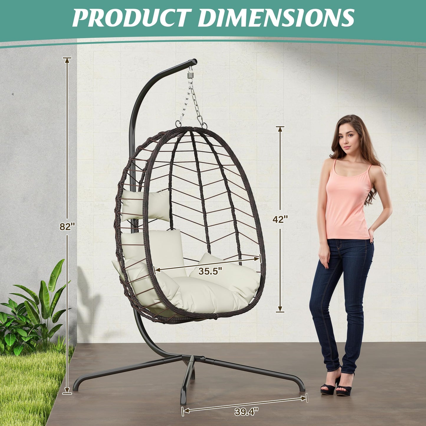 LEX CRAFT Hanging Egg Chair with Stand, Swinging Egg Chair Outdoor Indoor, Hanging Basket Chair with Cushion, Patio Wicker Hammock Chair 350lbs Capacity for Bedroom, Balcony, Backyard, Garden (Beige)