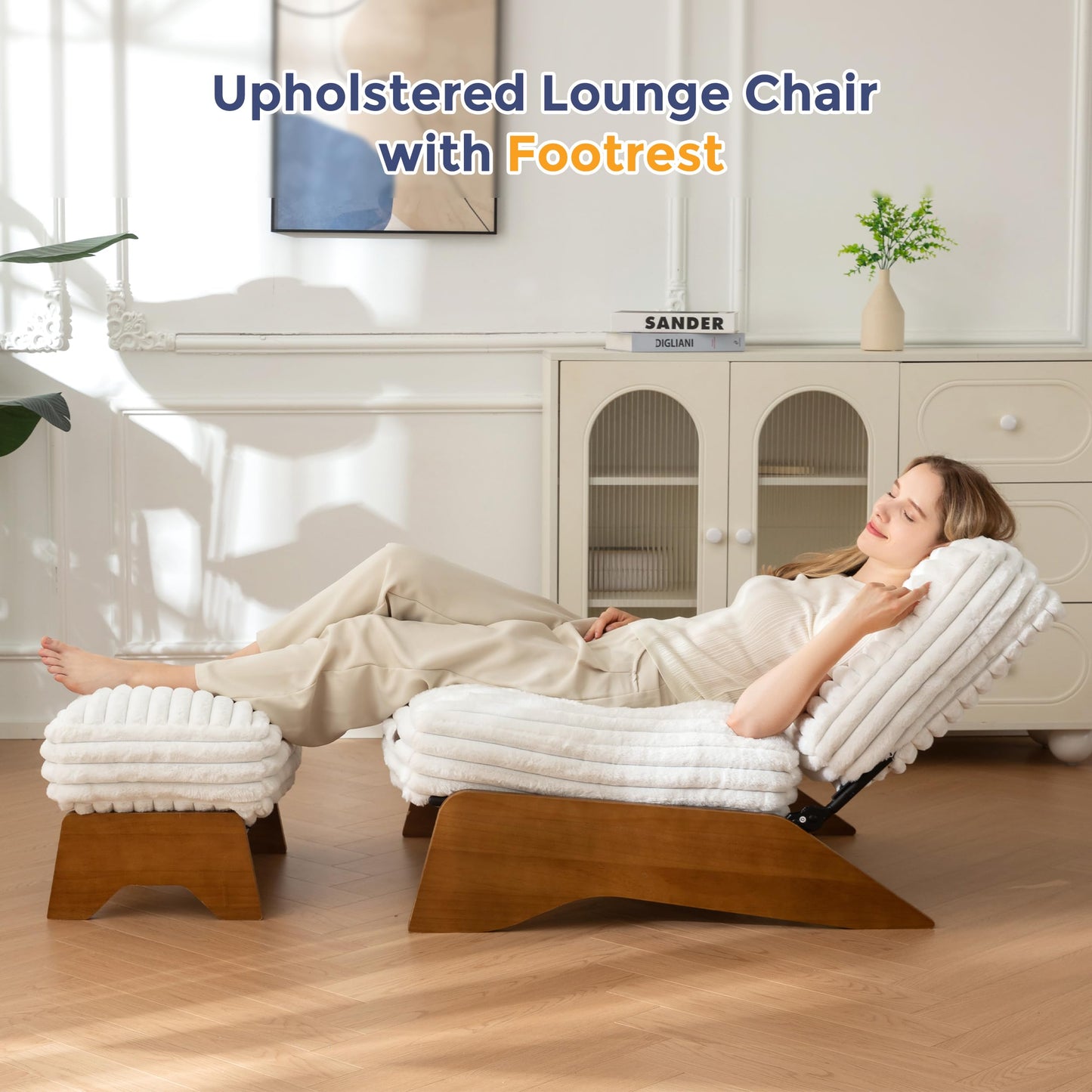 MAXYOYO Modern Adjustable Accent Chair with Ottoman, Upholstered Living Room Chair with Footrest Set, Soft Reclining Lounge for Bedroom, Apartment, Office, Beige