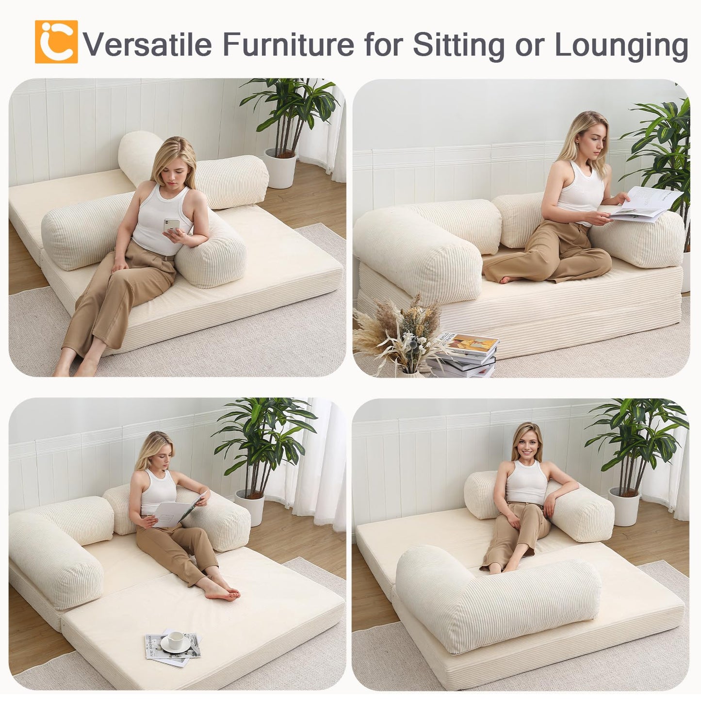 COMAX Folding Sofa Bed Queen, 4-in-1 Foldable Floor Couch Convertible Futon Sofa with Armrests Sleeper Mattress Chair Bed Comfy Portable Fold Out Lounge Guest for Living Room Bedroom, Beige