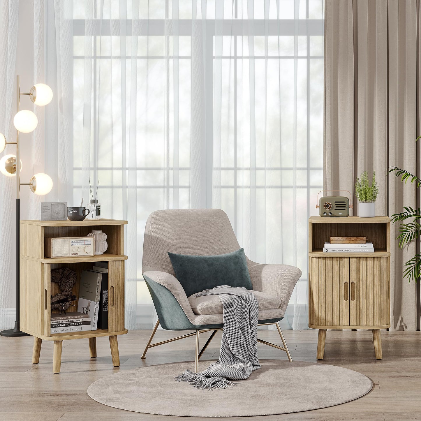 Alohappy Fluted End Table Set of 2, Mid Century Modern Nightstands with Sliding Tambour Door, Curved Round Edge Wood Bedside Table for Bedroom, Side Tables with Storage for Living Room, Natural Oak