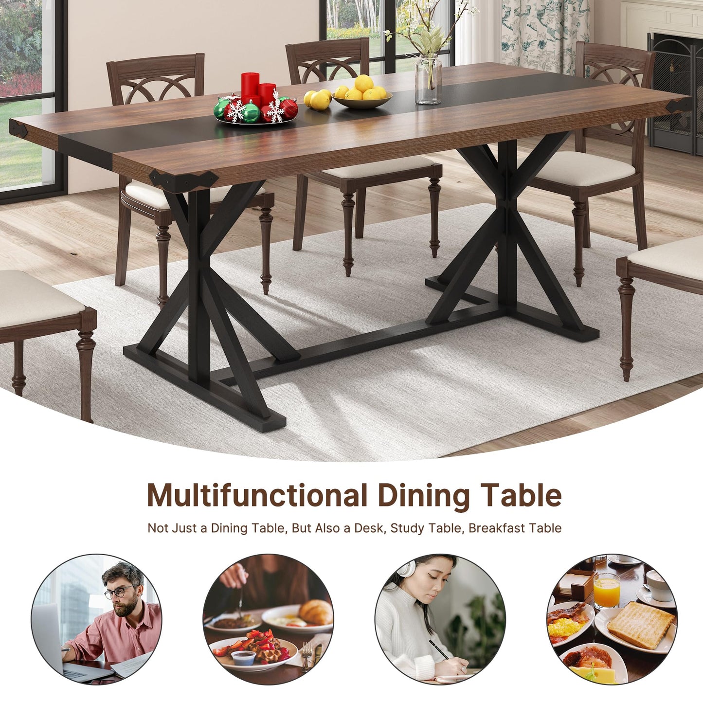 Hlivelood 71 Inch Dining Table for 6 People, Rectangular Kitchen Farmhouse Table W/Thickness Waterproof Wood Tabletop,Long Dining Room Tables W/Wood Strip Base for Kitchen Living Room(Brown&Black)
