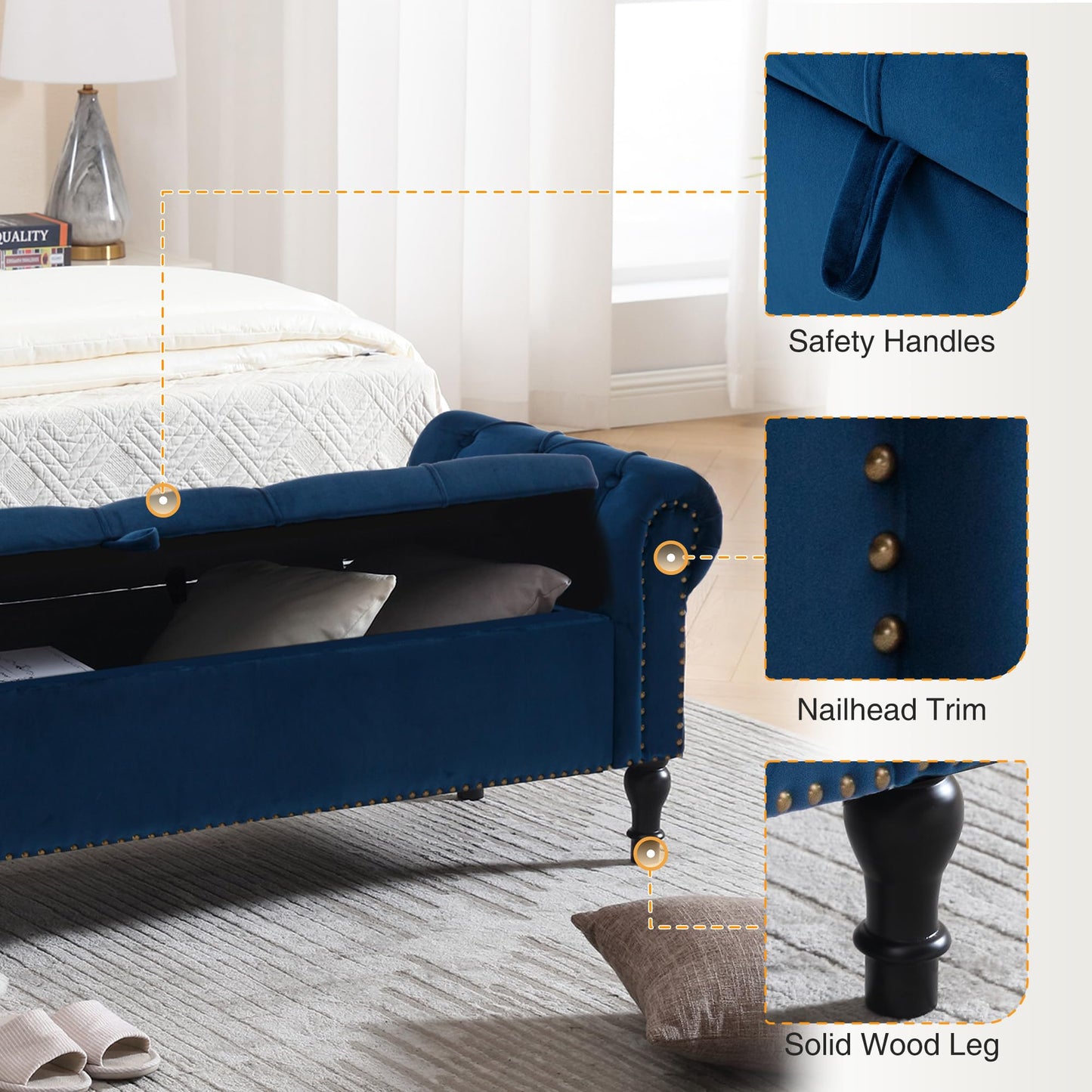HOMYKA Velvet Storage Bench 67 Inch Upholstered Tufted Ottoman Bench with Arms Large Storage Space King Size End of Bed Bench for Bedroom Living Room Entryway Navy Blue