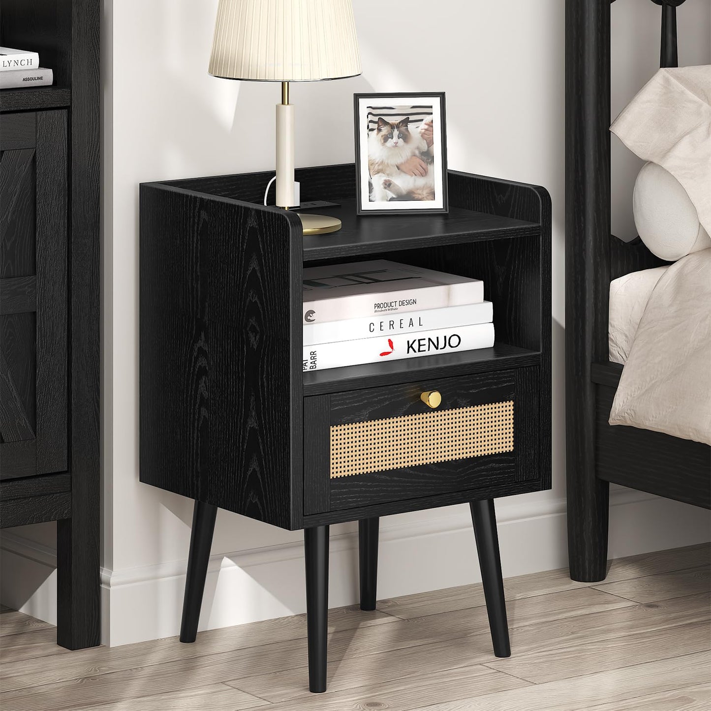 Night stand Set of 2, Bedside Tables with Charging Station, Rattan End Tables, Bed Side Tables, Wood Nightstands set of 2 for Farmhouse Kids' Room Bedroom Living Room Dorm Sofa Office Corner(Black)