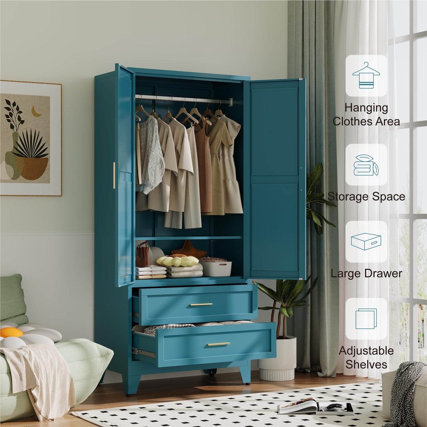 Baborokic Metal Wardrobe Cabinet with Hanging Rod, 71" Armoire Wardrobe Closet with 2 Drawers,Farmhouse Metal Clothing Storage Cabinets with Door and Adjustable Shelves for Bedroom,Laundry Room(Blue)
