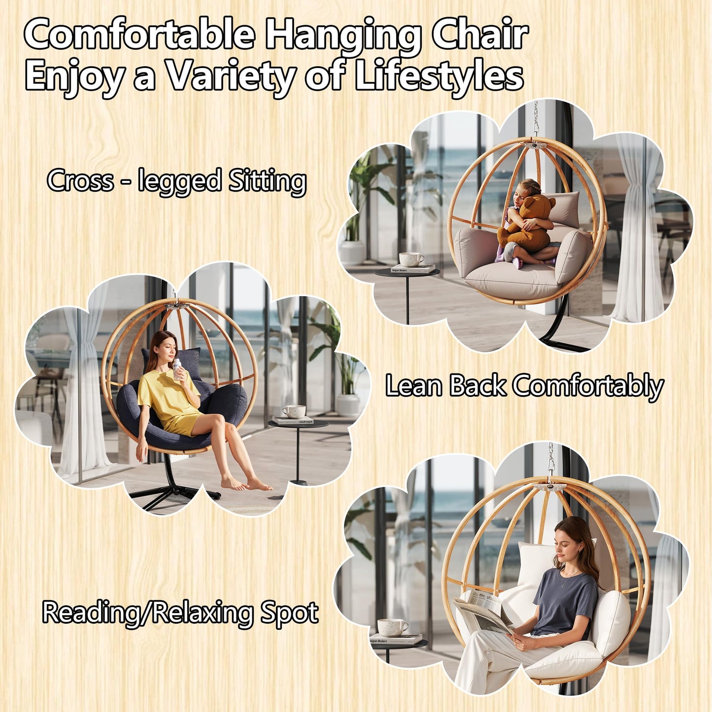 DAYARUS Hanging Chair with Stand, Imitation Rattan Egg Cahir Outdoor, Hanging Egg Chair with Stasnd, 80" High Egg Swing Chairs Indoor, All Weather Balcony Basket Swing Chairs for Balcony, Khaki