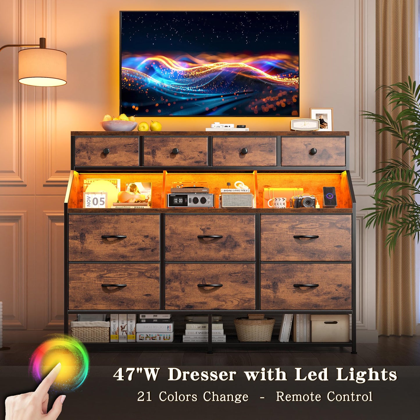 Dresser for Bedroom with 10 Drawers & Shoe Rack Fabric Dressers & Chests of Drawers with LED Lights and Power Outlets Bedroom Dresser for Entryway, Halfway, Closet (Rustic Brown)