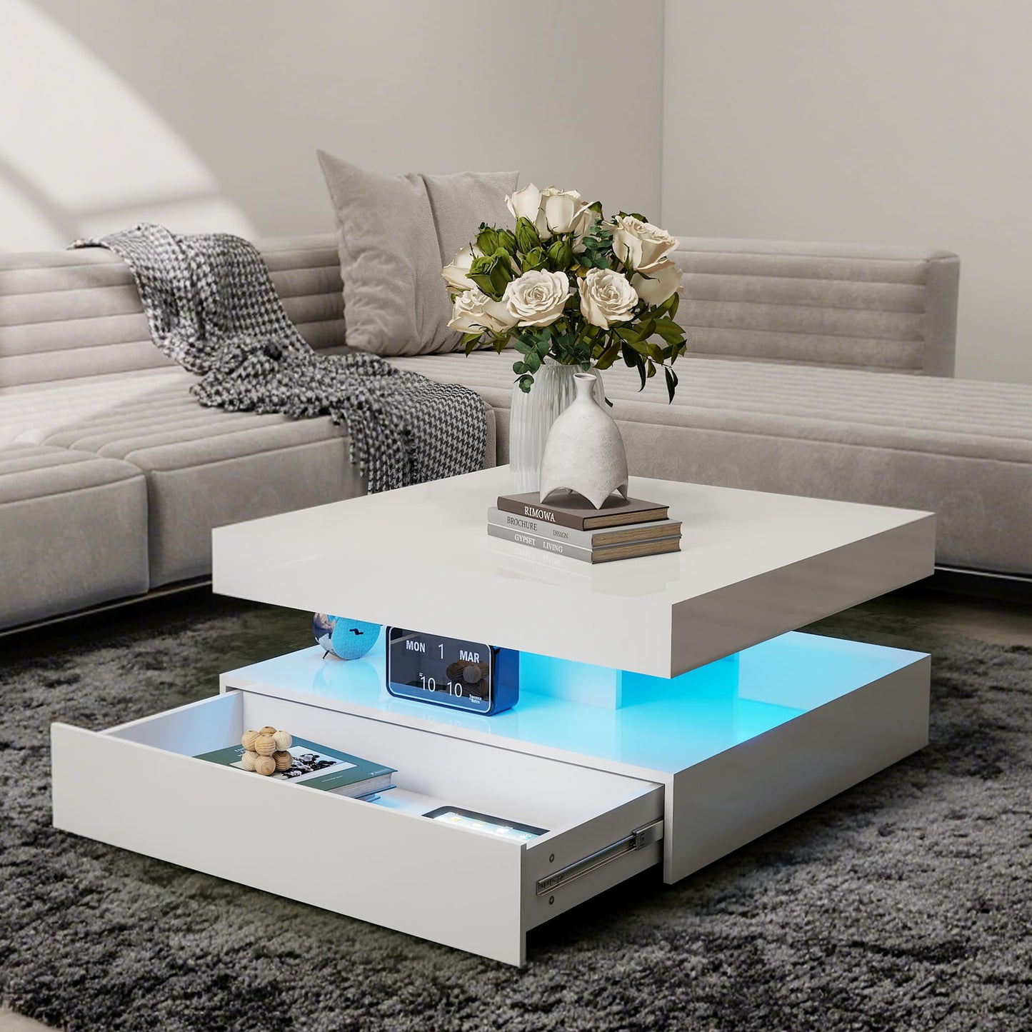 LED Coffee Table for Living Room, 2-Tier Modern Square Center Table with Music Sync Lights, High Gloss Surface, 30.75" x 30.75" (White)
