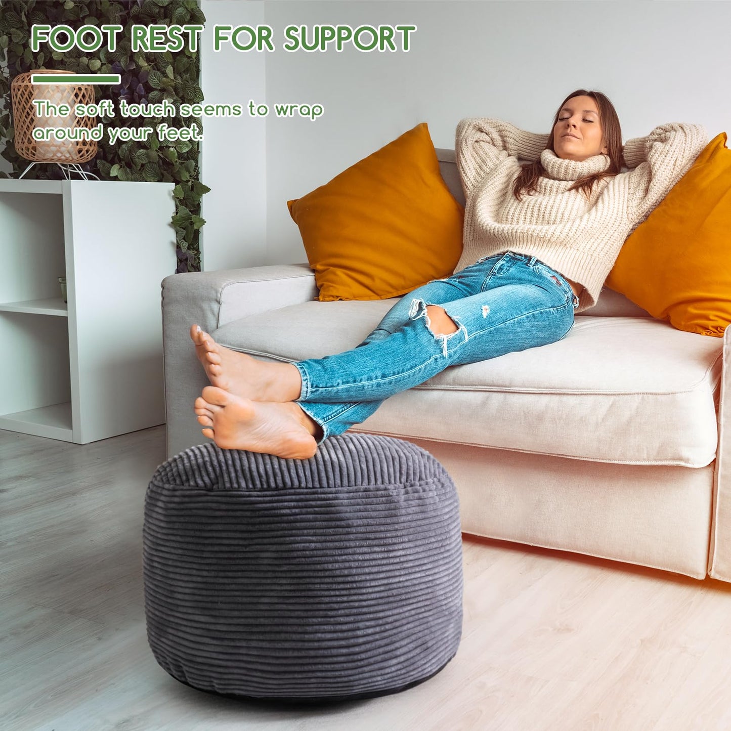 HIGOGOGO Round Stuffed Pouf Ottoman, Corduroy Poufs with Foam Chunk Filling, Furry and Fluffy Pouf Foot Stool Storage Ottoman, 20 X 15 Floor Poufs Foot Rest for Living Room, Dark Grey