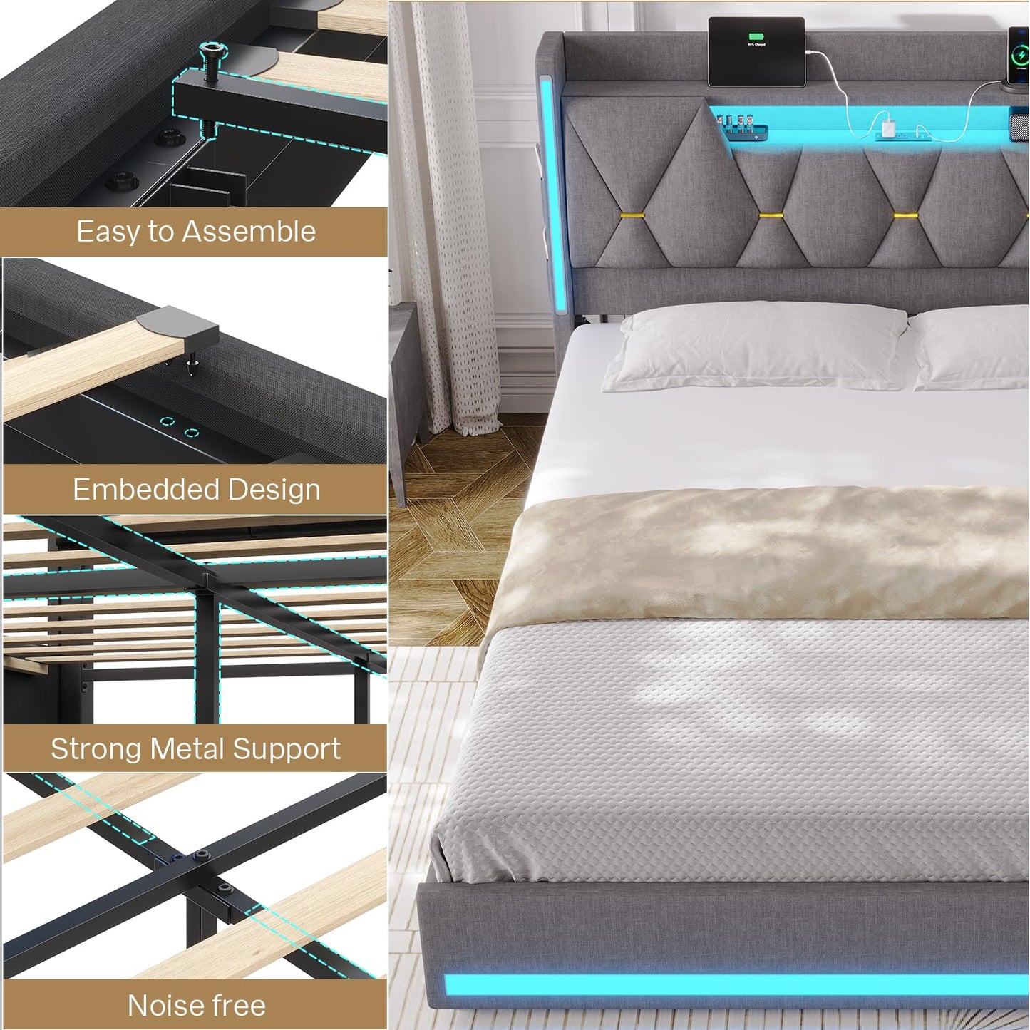 Queen Bed Frame with 4 Drawers, Platform Bed Frame Queen Size with Storage Headboard&LED Lights, Queen Bed with Storage & Charging Station, Noise-Free, No Box Spring Needed, Easy Assembly, Gray
