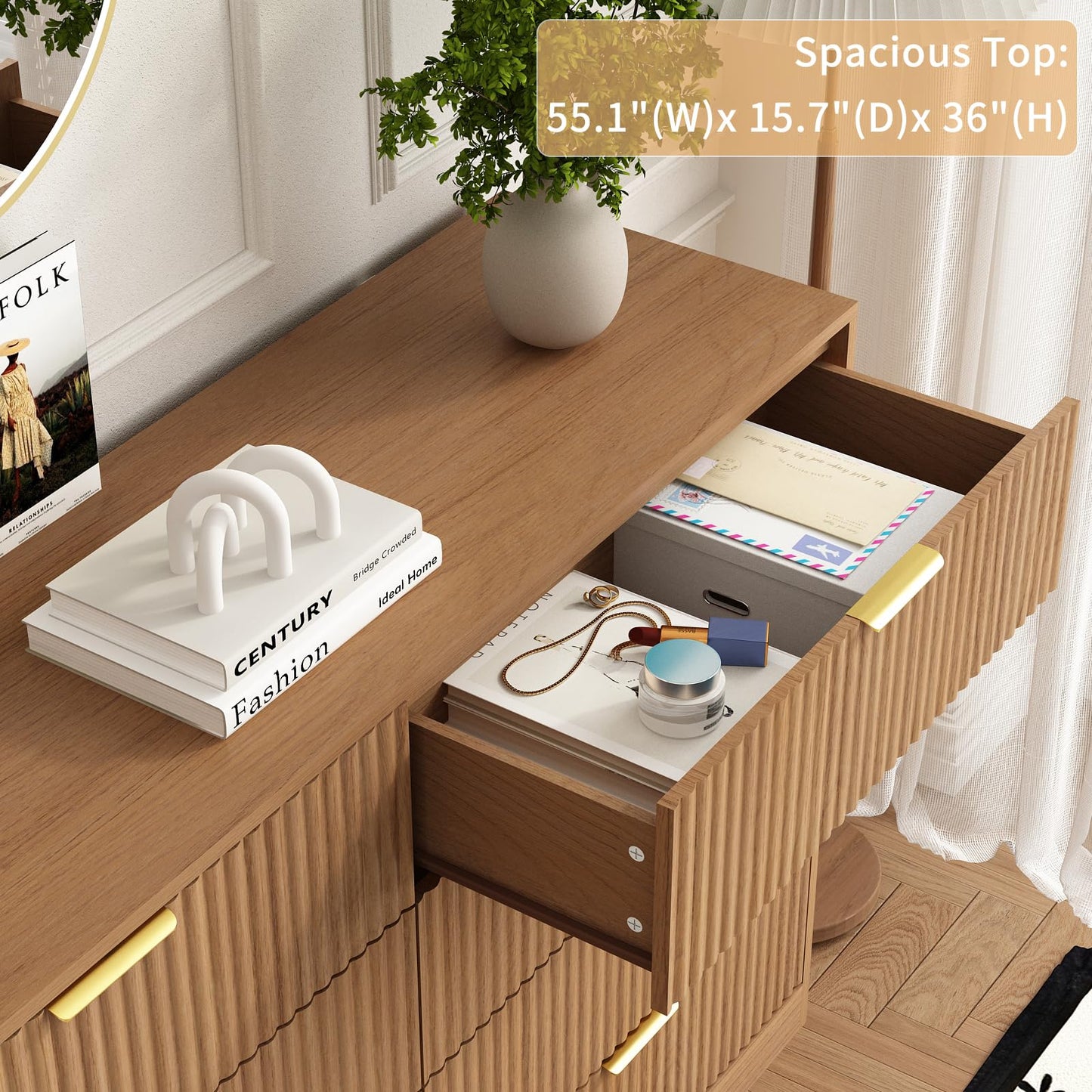 Sscaktu 8 Drawer Dresser for Bedroom, Modern Fluted Double Dresser, 55" Wide Chest of Dressers, Mid Century Wooden Beside Table for Closet, Living Room and Entryway, Natural