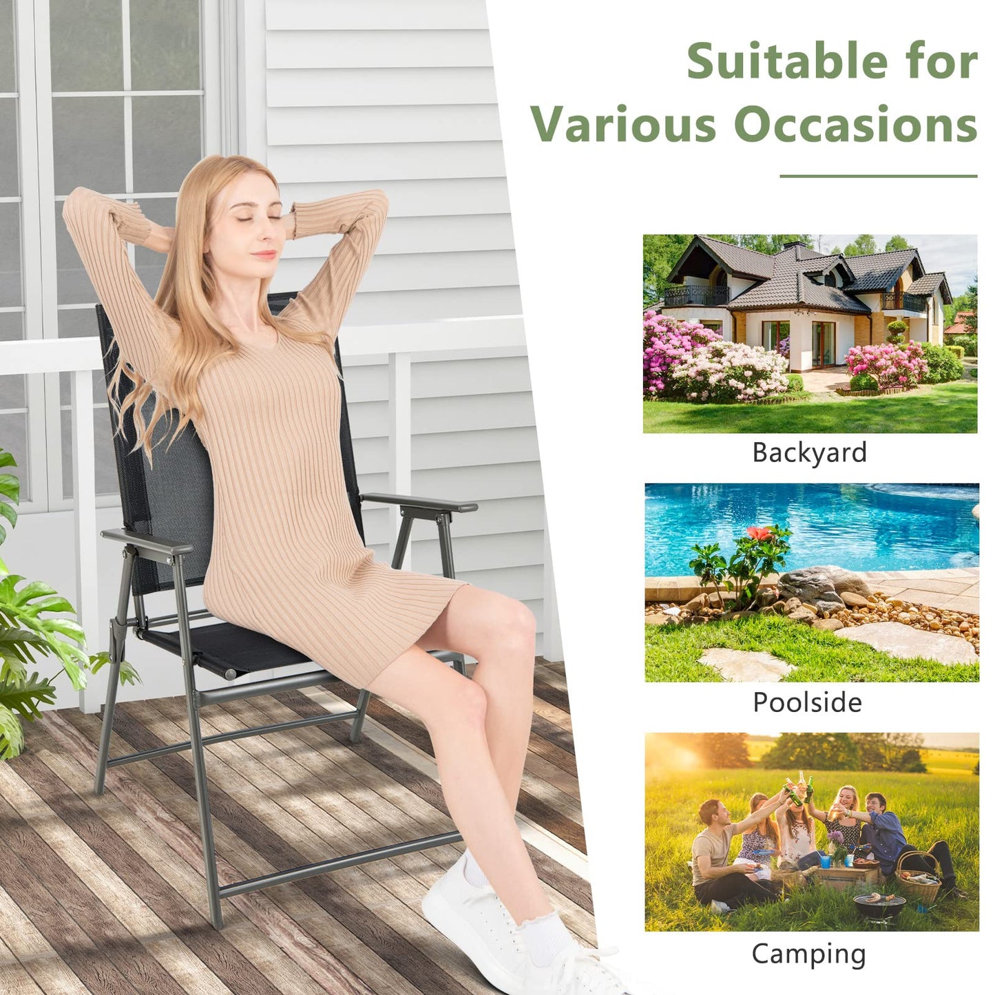 Giantex Patio Folding Chairs Set of 4, Outdoor Lawn Chairs with Rustproof Metal Frame, Portable Dining Chairs for Porch, Deck, Garden, Backyard, Camping