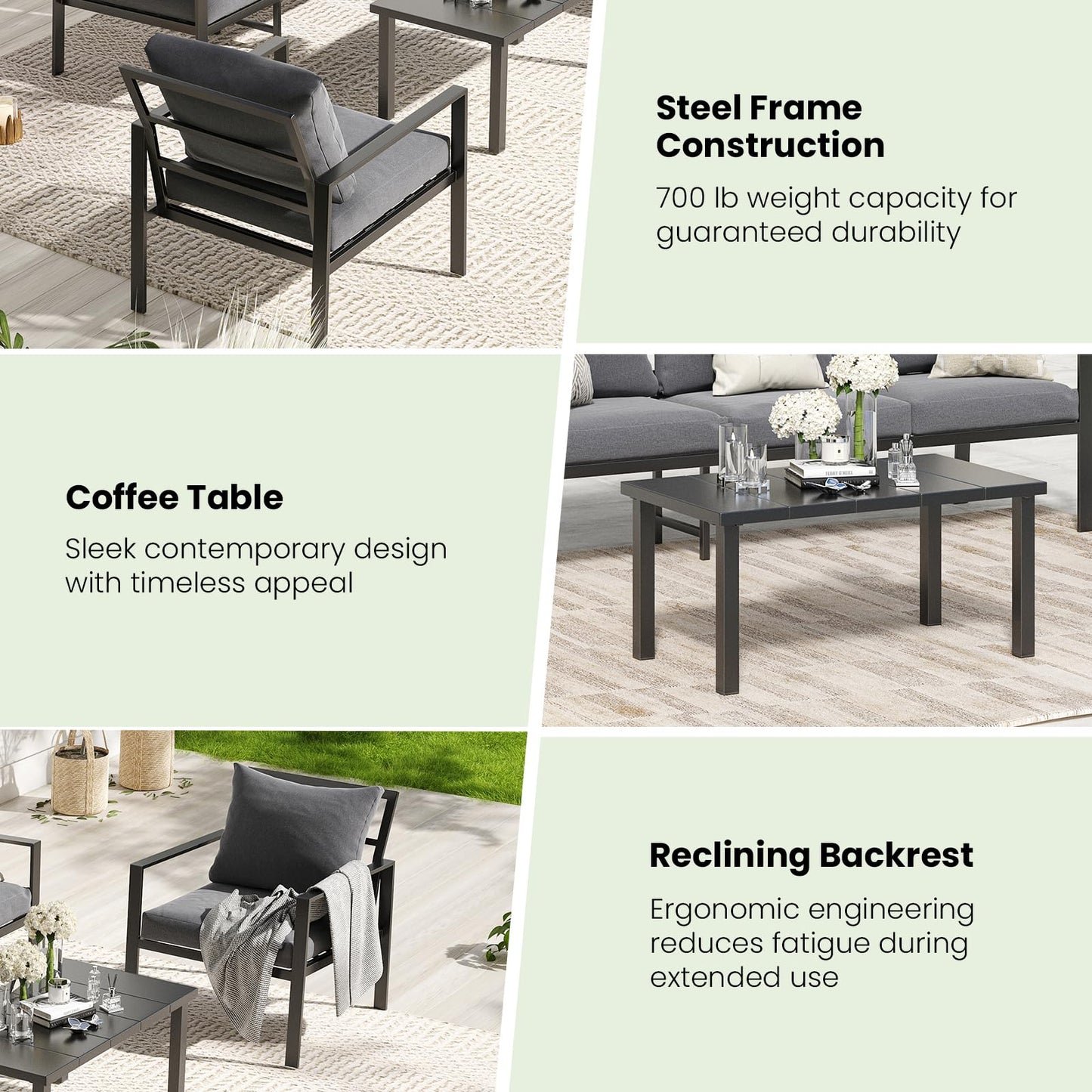 Soohow Patio Furniture Set,5 Pieces Outdoor Patio Furniture with Coffee Table Set,Metal Conversation Set with Waterproof Fabric & High-Resiliency Cushions(Grey)
