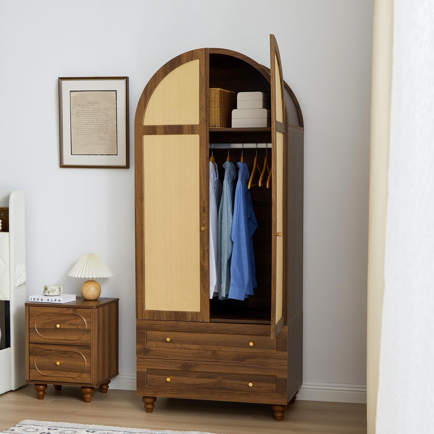 YUCHIATH Arched Armoire Wardrobe Closet with 2 Rattan Doors, Wooden Wardrobe Closet with 2 Drawers, 74.8 "H Bedroom Armoires with Hanging Rod (Walnut1)