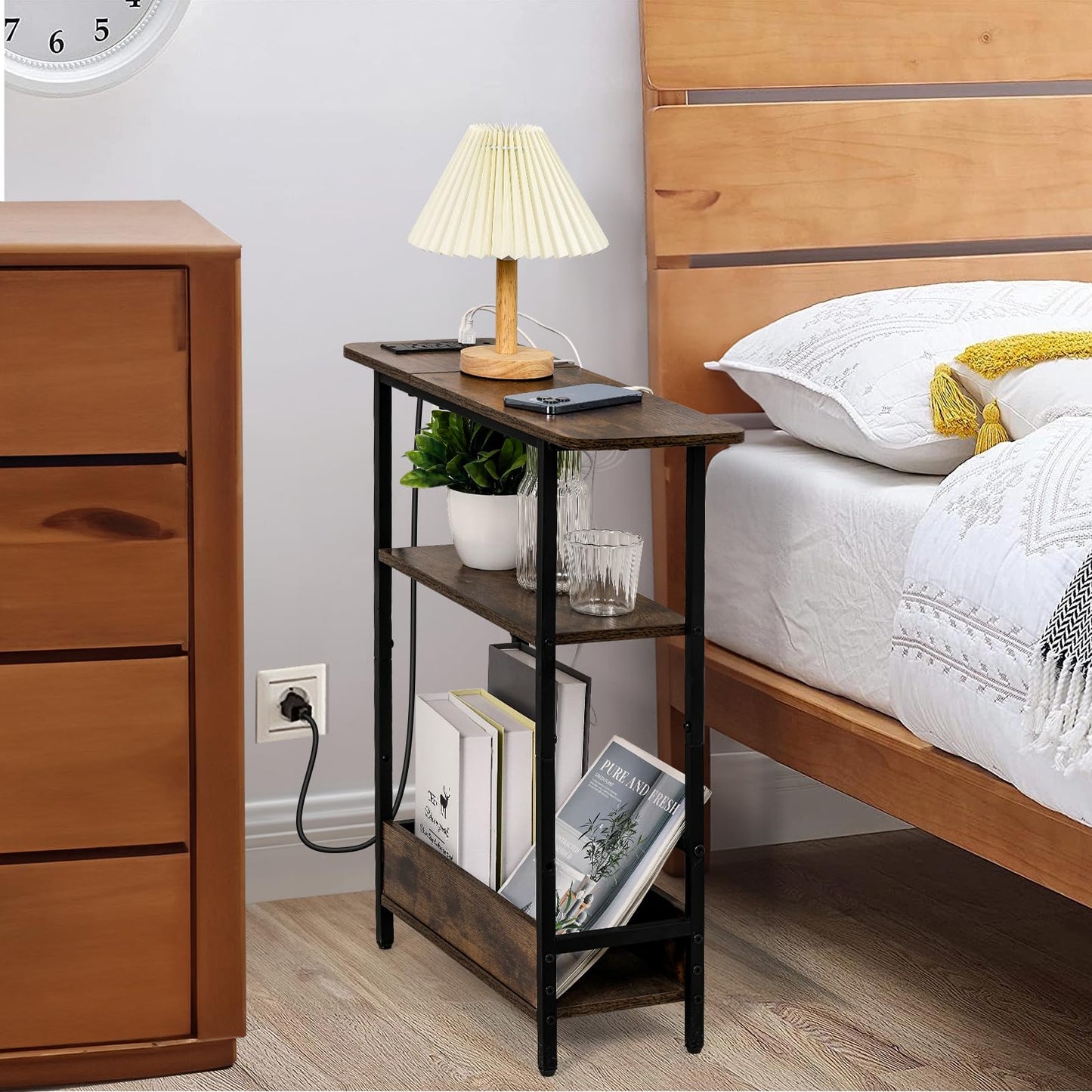Narrow Side Table with USB-C Charging Station, 3-Tier Slim End Table with Magazine Holder, Modern Side Table for Couch or Small Spaces, Skinny Nightstand for Living Room or Bedroom