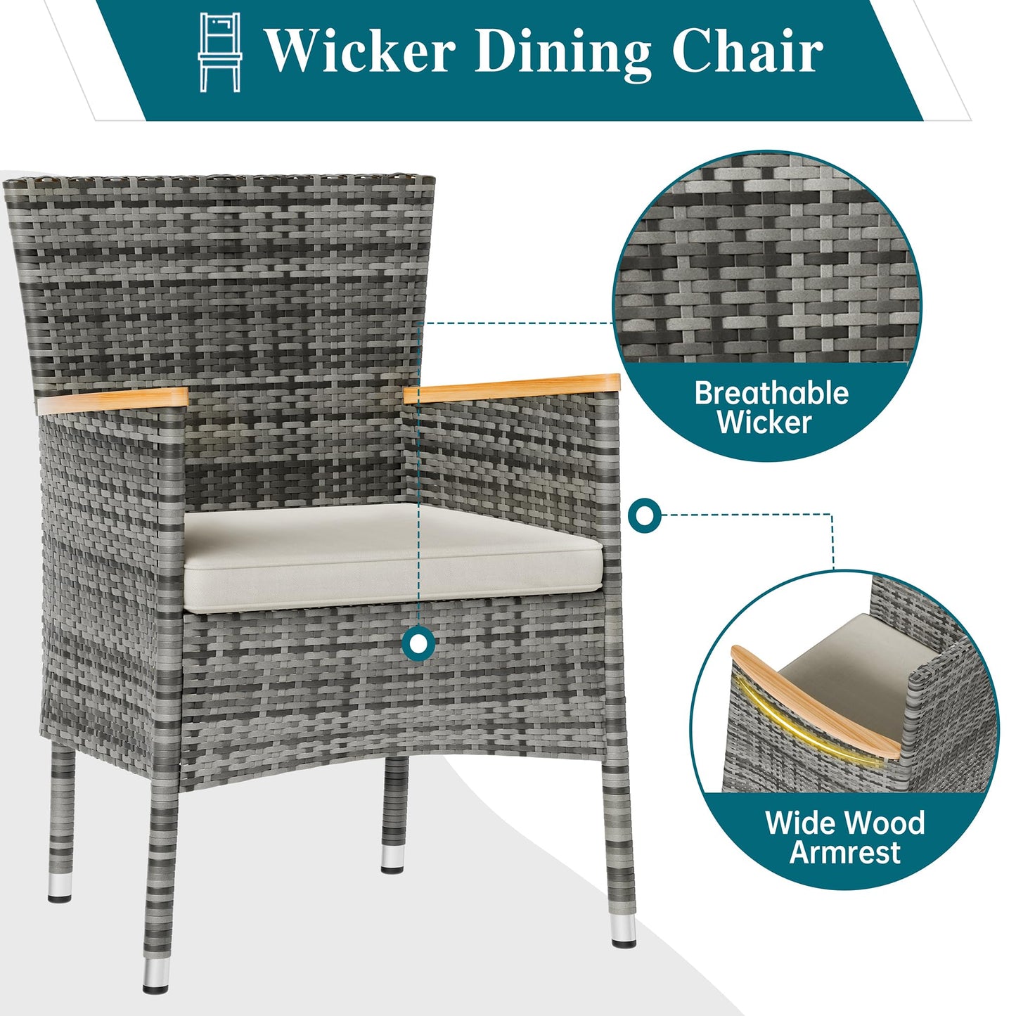 Shintenchi 7 Pieces Patio Dining Set, Wicker Patio Furniture Set with Soft Cushions and Wood Table Top, Outdoor Dining Table and Chairs for Backyard, Deck and Garden, Grey Rattan