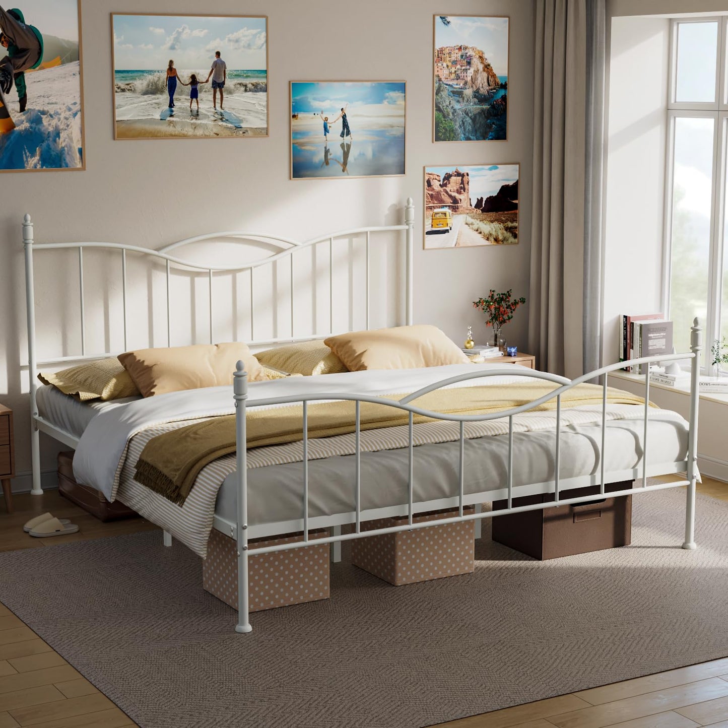 Florise King Size Bed Frame with Headboard,Metal Platform Bed Frame Mattress Foundation with Footboard, Under Bed Storage, Strong Metal Slats Support, No Box Spring Needed, White