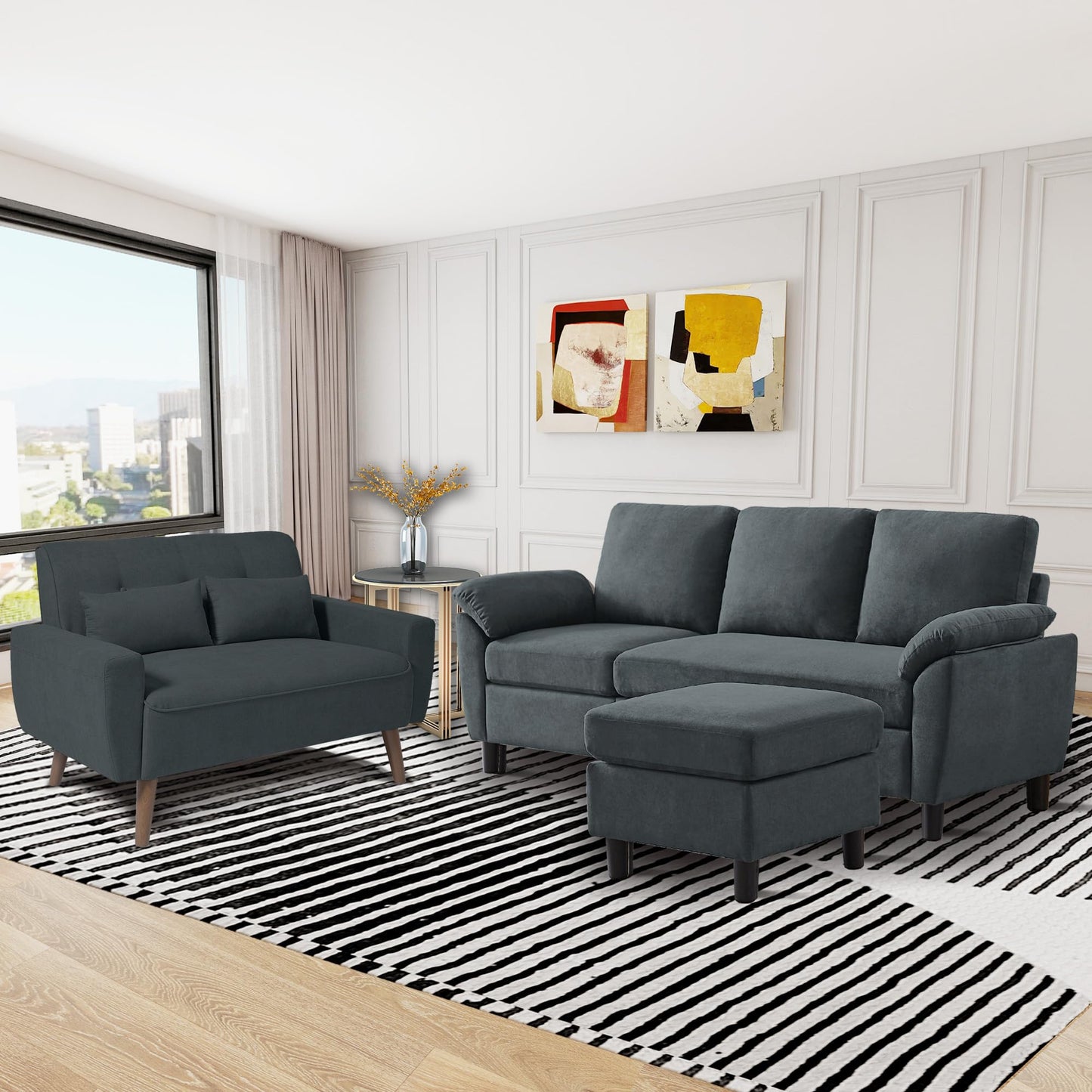 Jarenie 79" Convertible Sectional Sofa Sets, Modern L Shaped 3-Seat Couches with Reversible Chaise and Loveseat Sets for Living Room, Apartment, Dark Grey