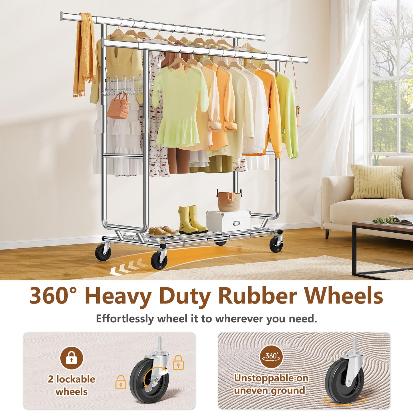 Hoctieon 2-Minute Assembly Double Rod Clothes Rack, Heavy Duty Rolling Clothing Racks with Wheels, Foldable Commercial Garment Rack, Extendable Hanging Bar, Adjustable Metal Pole with Hooks, Chrome