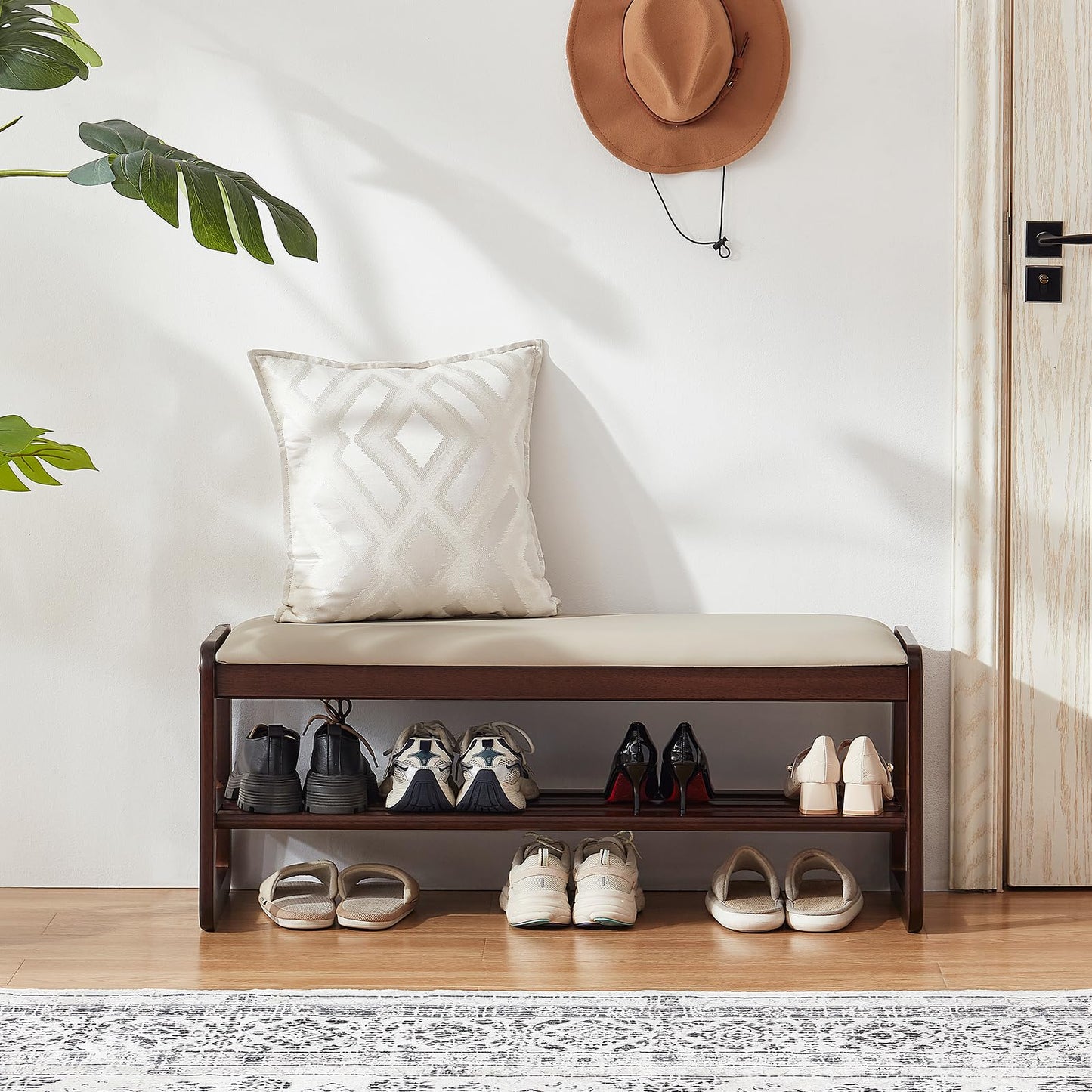 Achicsofar Shoe Rack Bench,2 Tier Wooden Entryway Bench with Shoe Storage, Shoe Rack with Cushion for Living Room, Hallway(Pu Beige, 39.4")