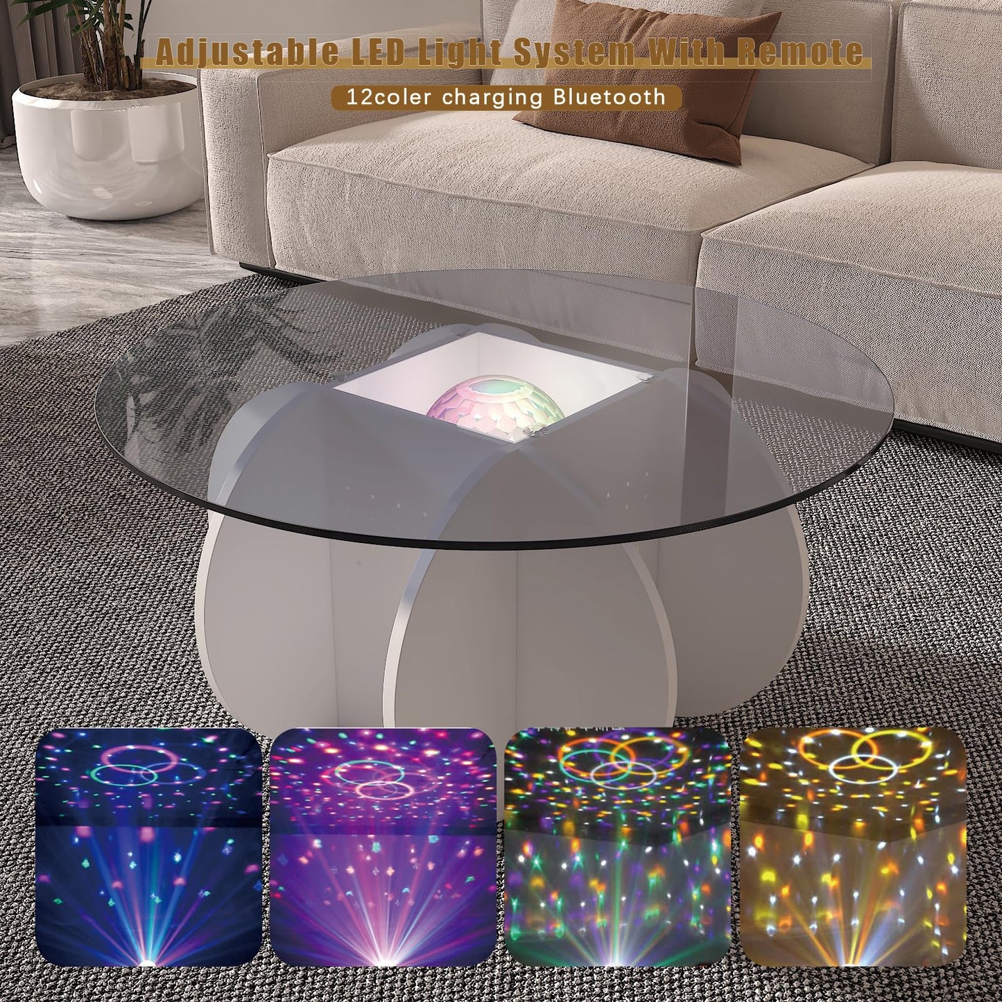 HedoAjim Round LED Coffee Table with Glass Top,Center Table with Storage for Living Room,Small Spaces, Office, and Lounge,32" White and Grey Glass Coffee Table with Smart Music Lamp