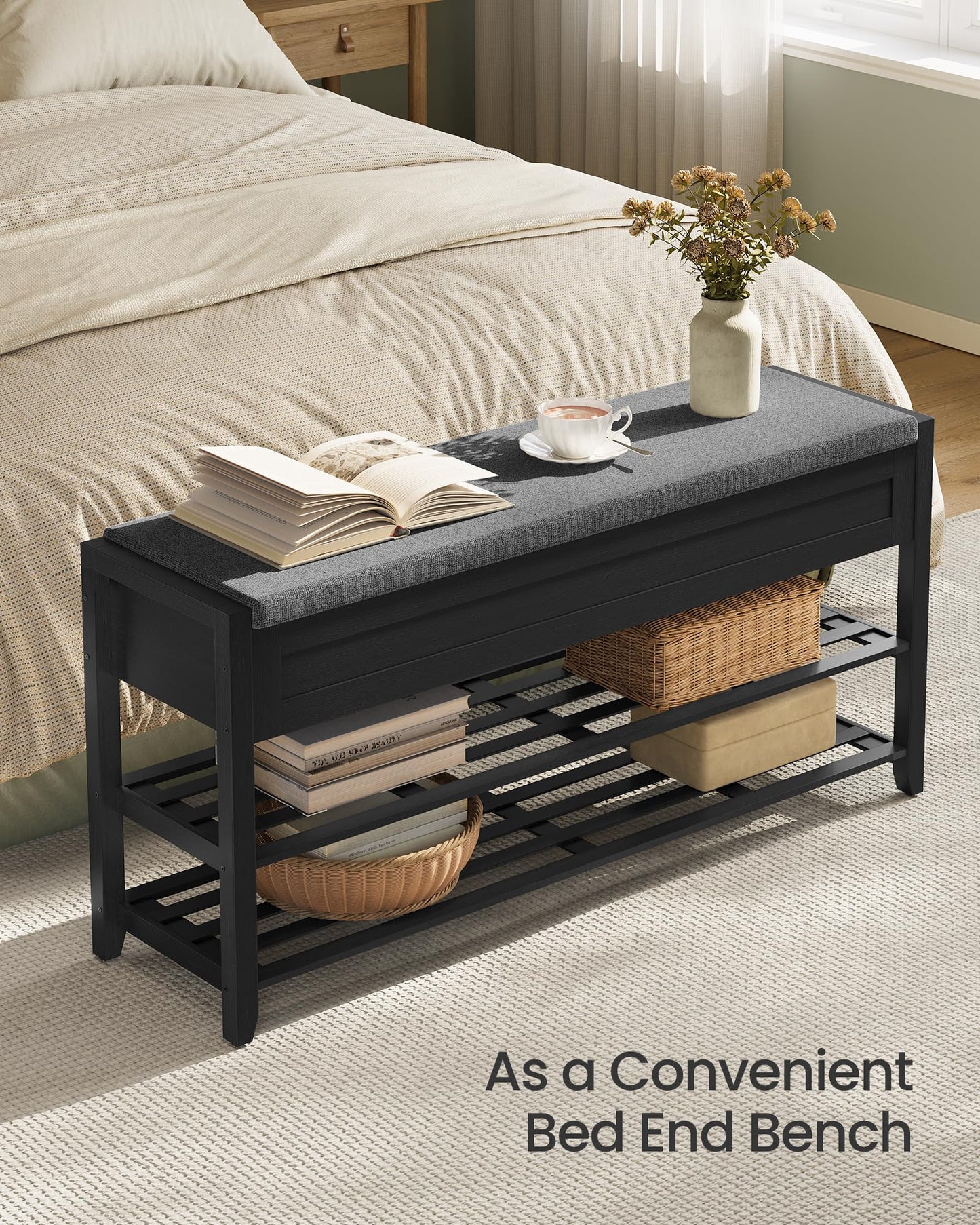 SONGMICS Storage Bench, Bamboo Shoe Rack, Entryway Furniture, 39.4 Inches Wide, Hidden Storage Compartments, 2-Tier Shoe Shelves, for Entryway, Living Room, Bedroom, Dorm, Ink Black ULSB059B01